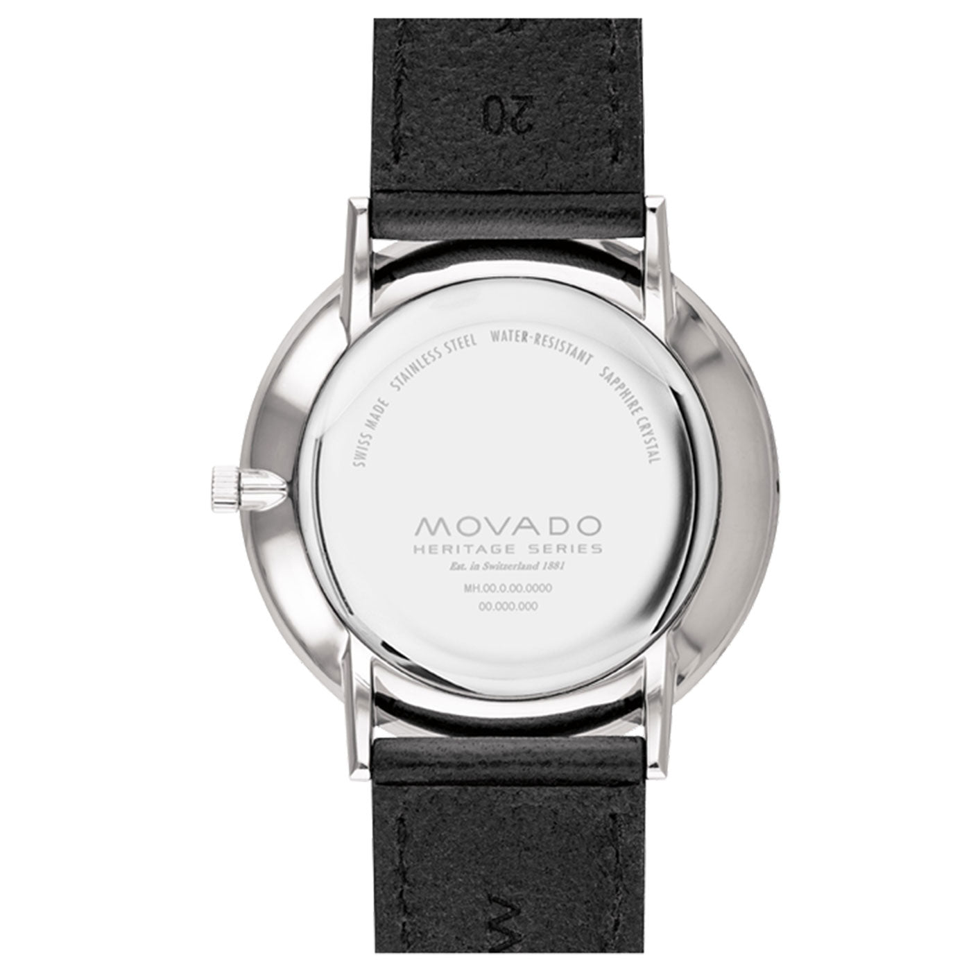 The back of the Movado Heritage Series Silhouette Quartz 40mm Watch is notably featured, highlighting its stainless steel case and refined black leather strap. It prominently displays details including Swiss made, stainless steel, water resistance, and a sapphire crystal finish.