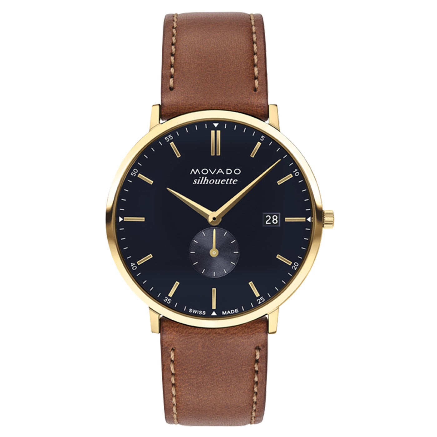 The Movado Heritage Series Quartz 40mm Watch from the renowned Movado brand boasts a stylish combination of a brown leather strap and a gold case. Its black dial is designed with luminescent hands, gold hour markers, a date window at 3 o'clock, and a small seconds subdial. As part of the Movado Silhouette collection, it elegantly represents the design aesthetics of the Movado Heritage Series.