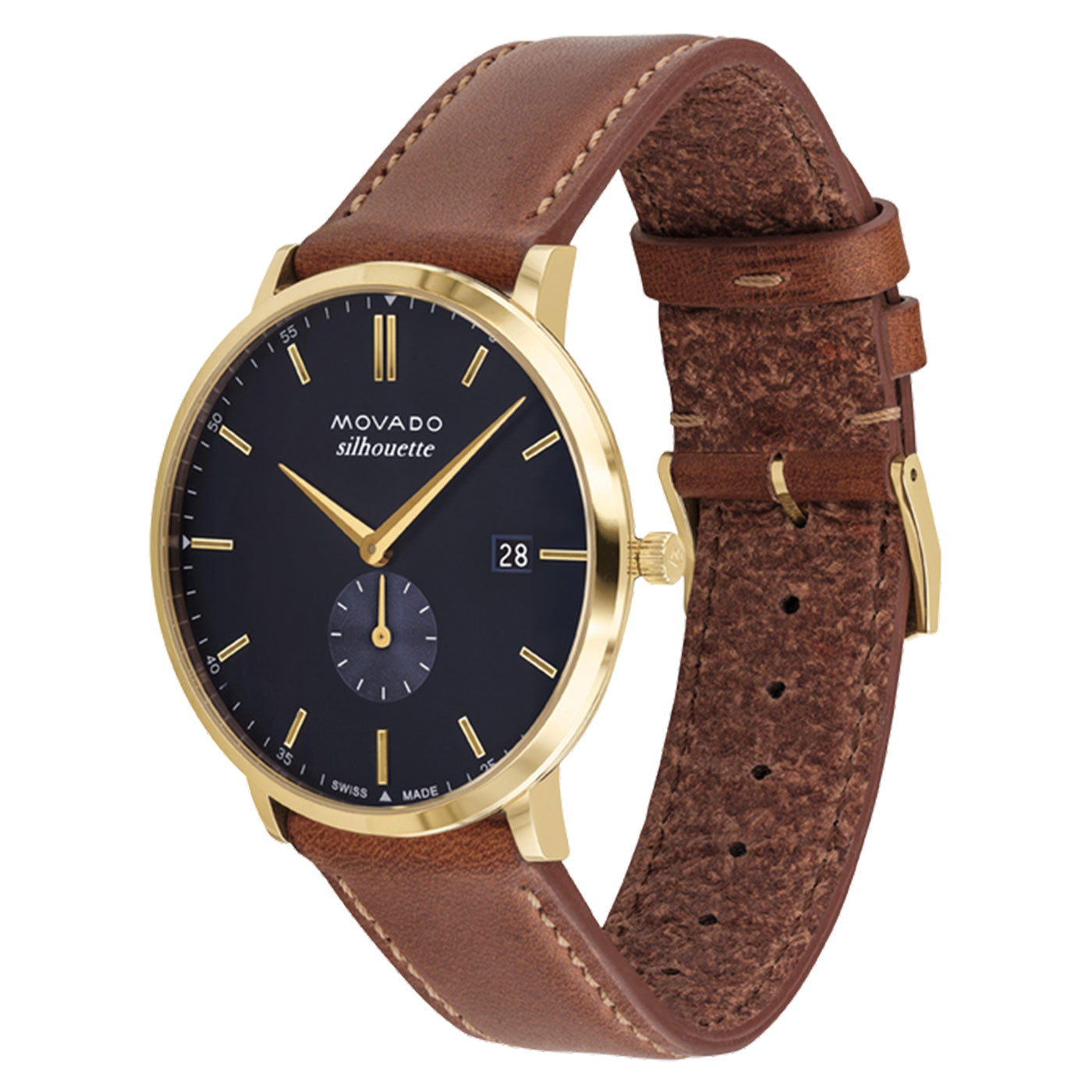 The Movado Heritage Series Quartz 40mm Watch showcases a brown leather strap and a gold-colored case. Its black dial boasts thin gold hour markers, luminescent hands, a small date window, and a sub-dial. The watch face is adorned with the distinctive "Movado Silhouette" logo.