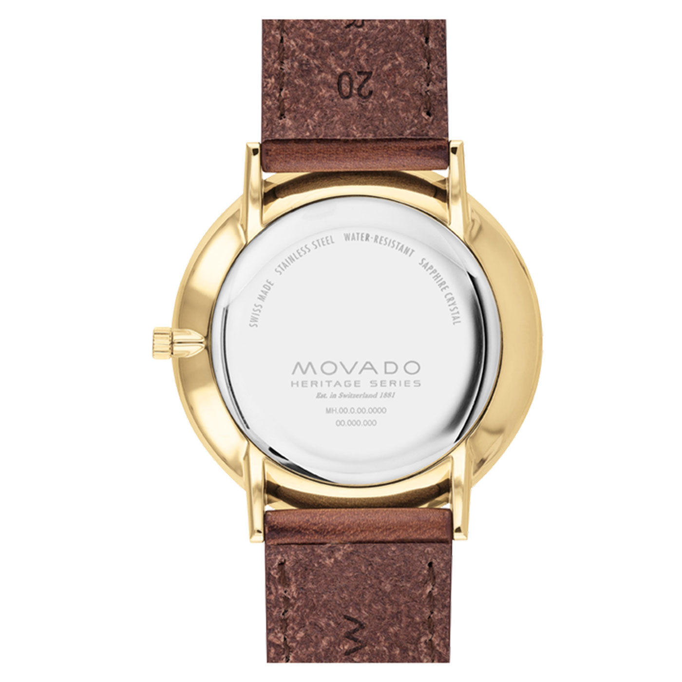 Back view of a Movado Heritage Series Quartz 40mm Watch showcasing a gold-tone case paired with a brown leather strap. The markings on the back emphasize its stainless steel, water resistance, sapphire crystal features, along with luminescent hands for enhanced elegance.