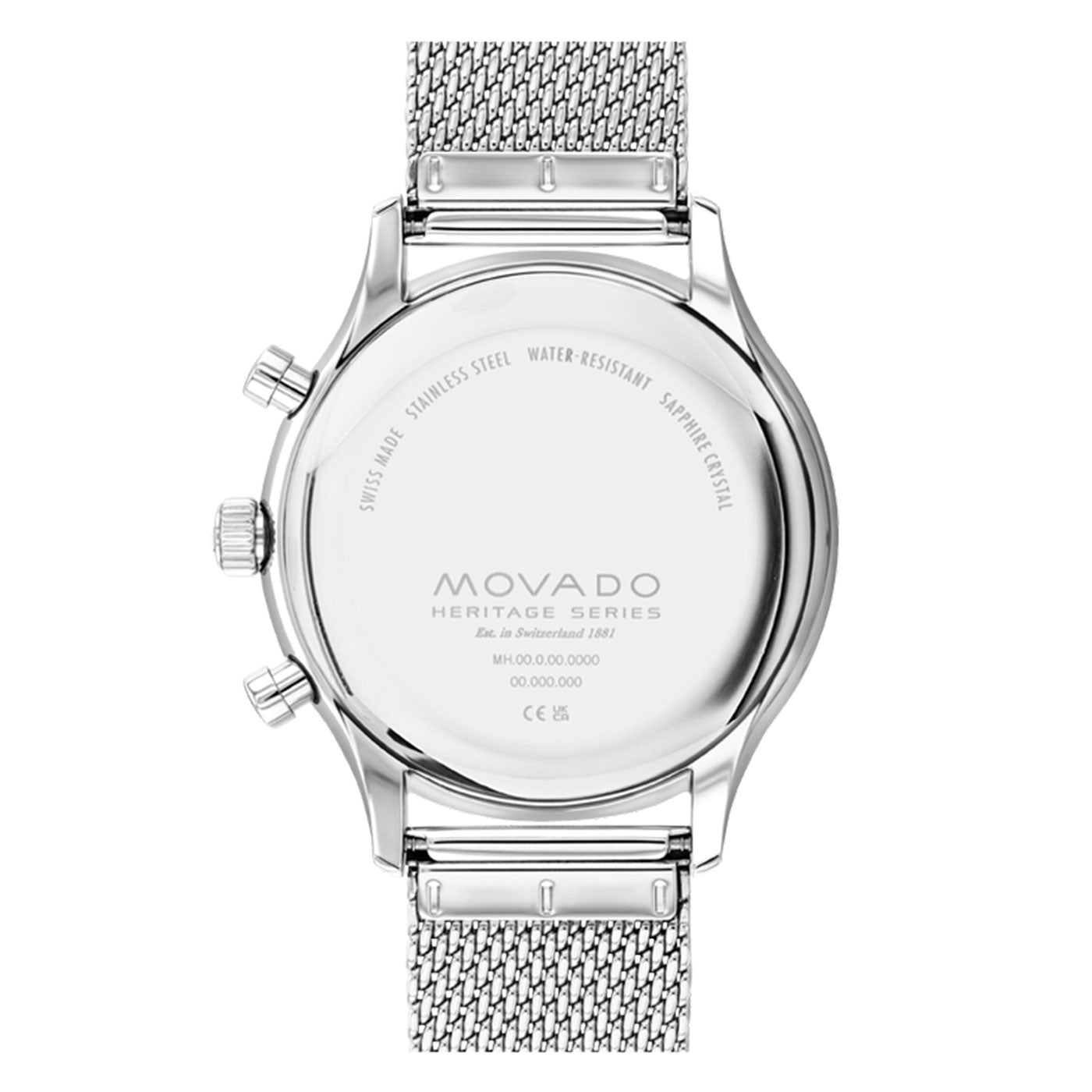 The image features the back of a Movado Heritage Series Circa Quartz 43mm Watch, complete with a stainless steel mesh band. It highlights aspects such as water resistance, sapphire crystal, Swiss-made craftsmanship, and model details. The watch is designed with two buttons and a crown on the side, exemplifying elegant functionality.