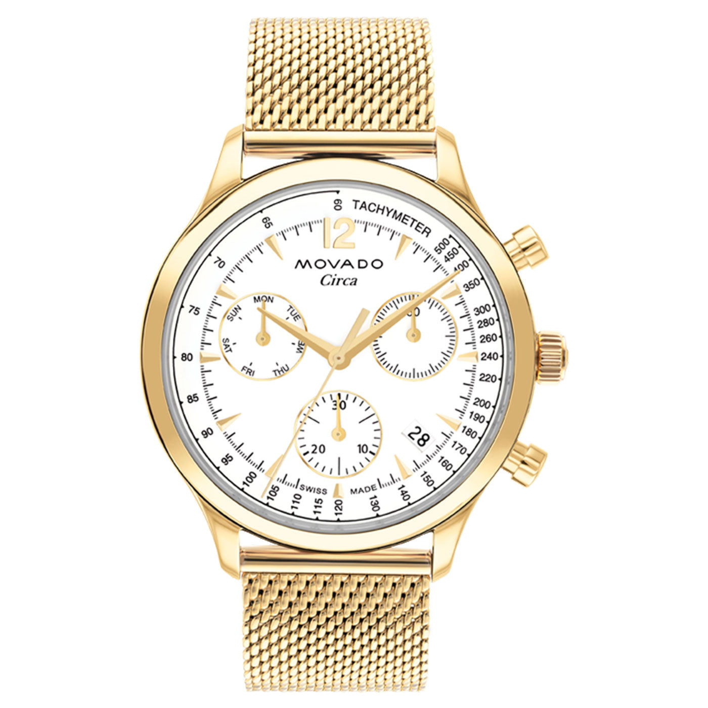 This sophisticated Movado Heritage Series Circa Quartz 43mm Watch features a gold mesh strap and a white dial. It includes three sub-dials for displaying the date, day, and 24-hour time, enhanced by a tachymeter scale on the bezel. Embracing a mid-century design, the watch is adorned with gold hour markers and hands.