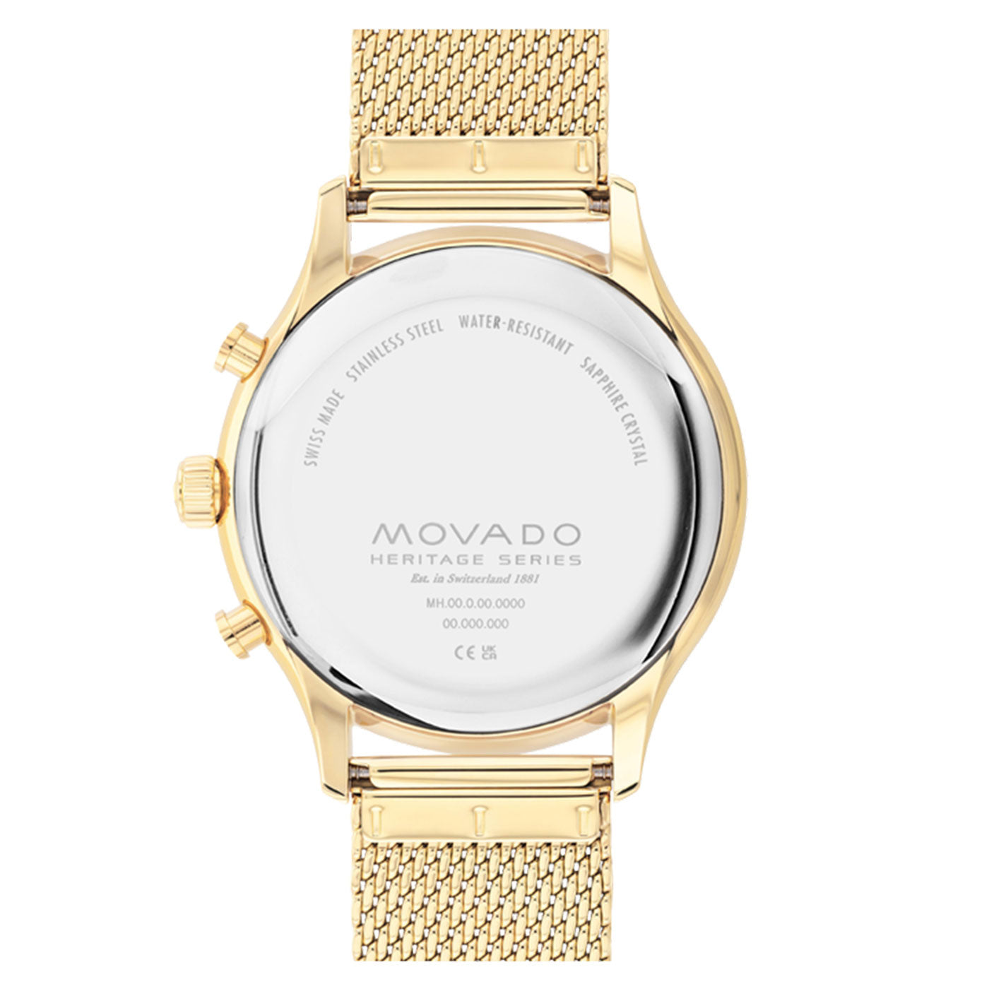 The image features a Movado Heritage Series Circa Quartz 43mm watch, highlighting its gold-toned mesh strap. This Movado timepiece showcases Swiss made craftsmanship, water resistance, and sapphire crystal elements, all reflecting its mid-century design elegance.