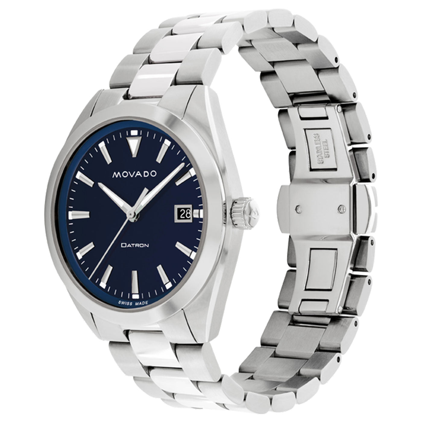 The Movado Heritage Series Datron Quartz 39mm Watch boasts a navy blue face with silver hour markers and a date window. It features a stainless steel bracelet and polished bezel, offering a retro-cool design representative of the distinguished Datron Collection by Movado, blending modern elegance with timeless appeal.