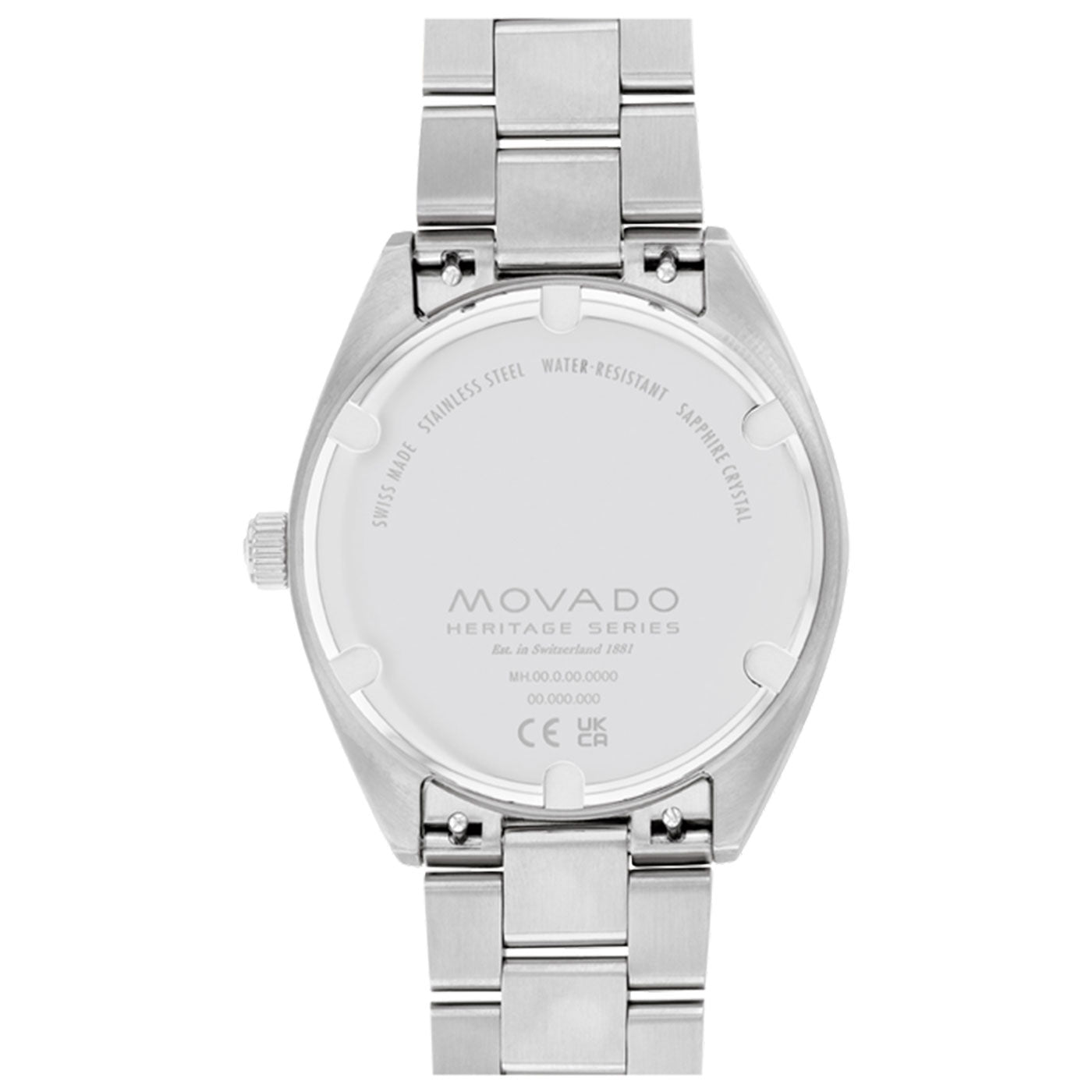 A view from the back displays a silver Movado Heritage Series Datron Quartz 39mm watch with a stainless steel bracelet, featuring inscriptions such as "Movado Heritage Series," "Stainless Steel," and "Water Resistant," highlighting its retro-cool design.