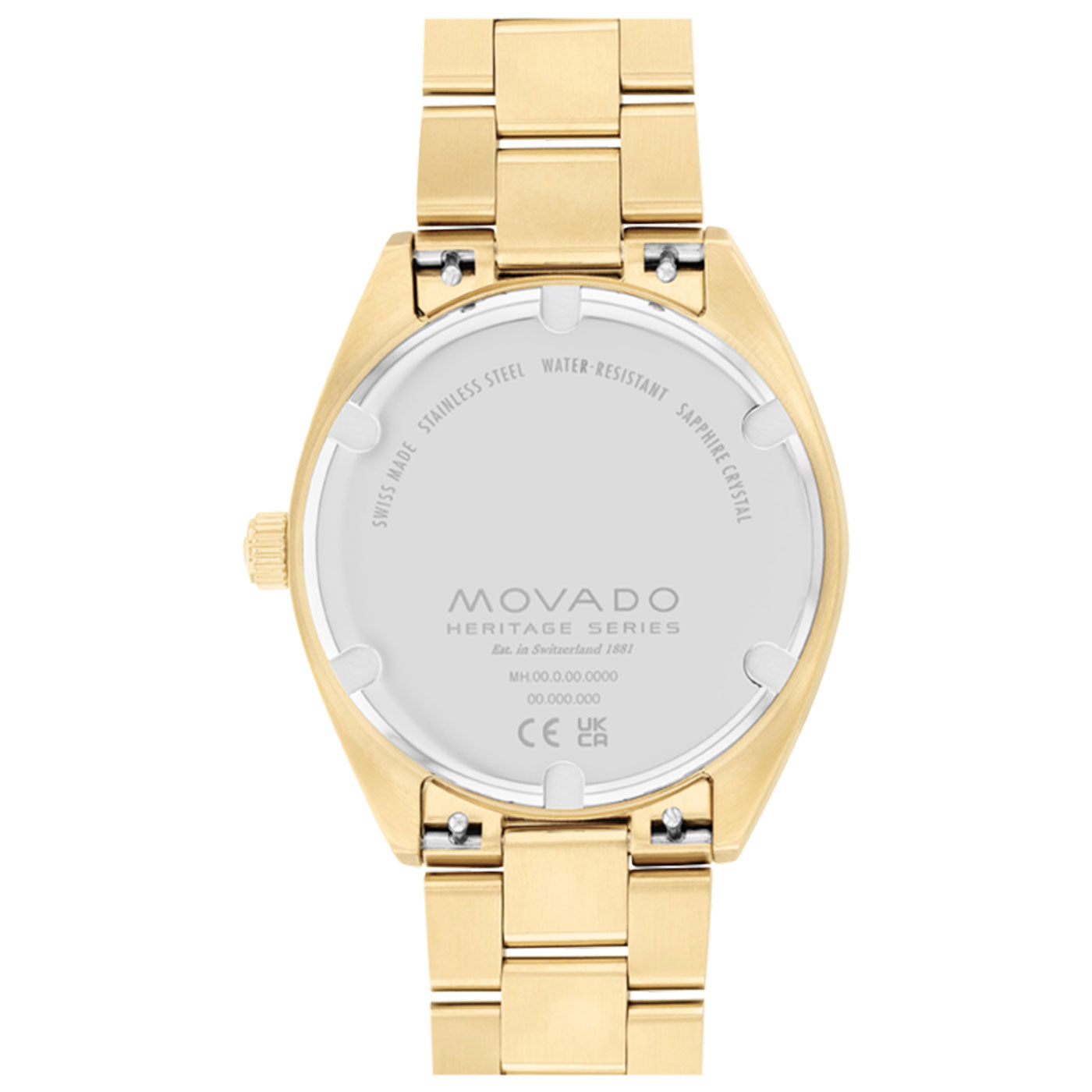 A yellow gold Movado Heritage Series Datron Quartz 39mm Watch is elegantly displayed with its stainless steel band and back facing up, showcasing engravings such as "Swiss Made," "Water Resistant," and "Sapphire Crystal.