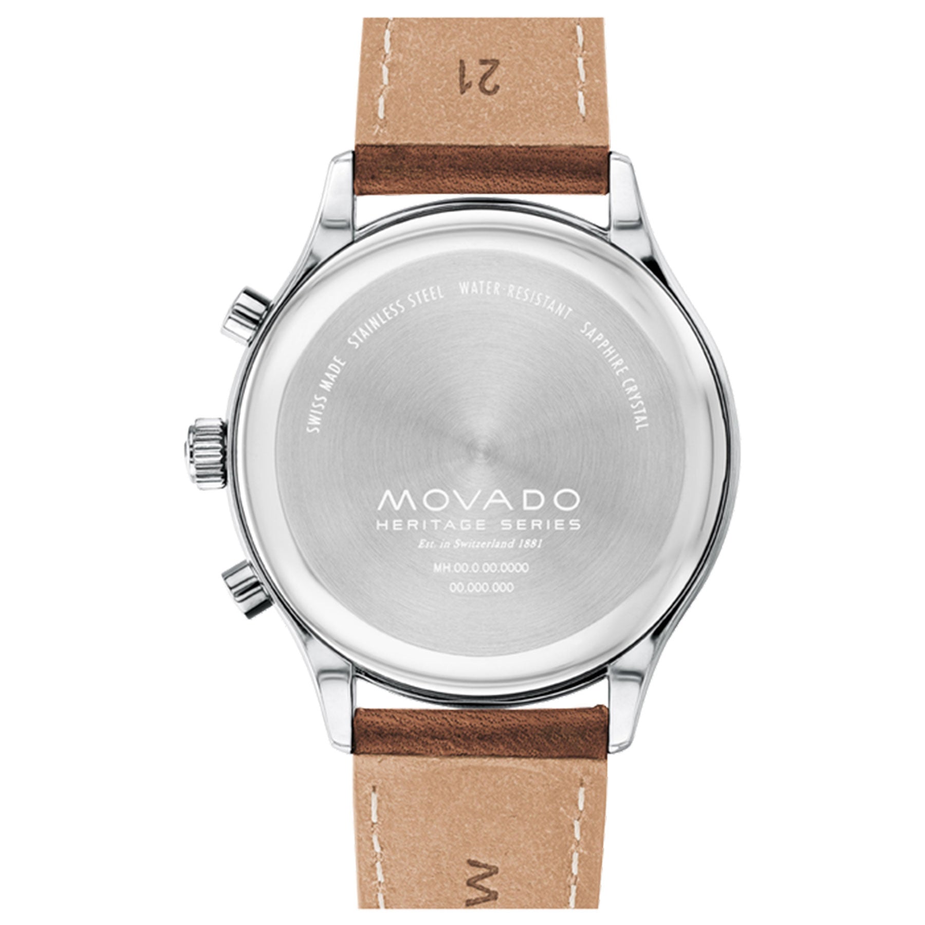 The image showcases the back of the Movado Heritage Series Calendoplan Quartz 43mm Watch, characterized by a round stainless steel case and a brown leather strap marked "21." This sophisticated chronograph highlights engraved details that emphasize its Swiss-made craftsmanship, water resistance, and sapphire crystal attributes.