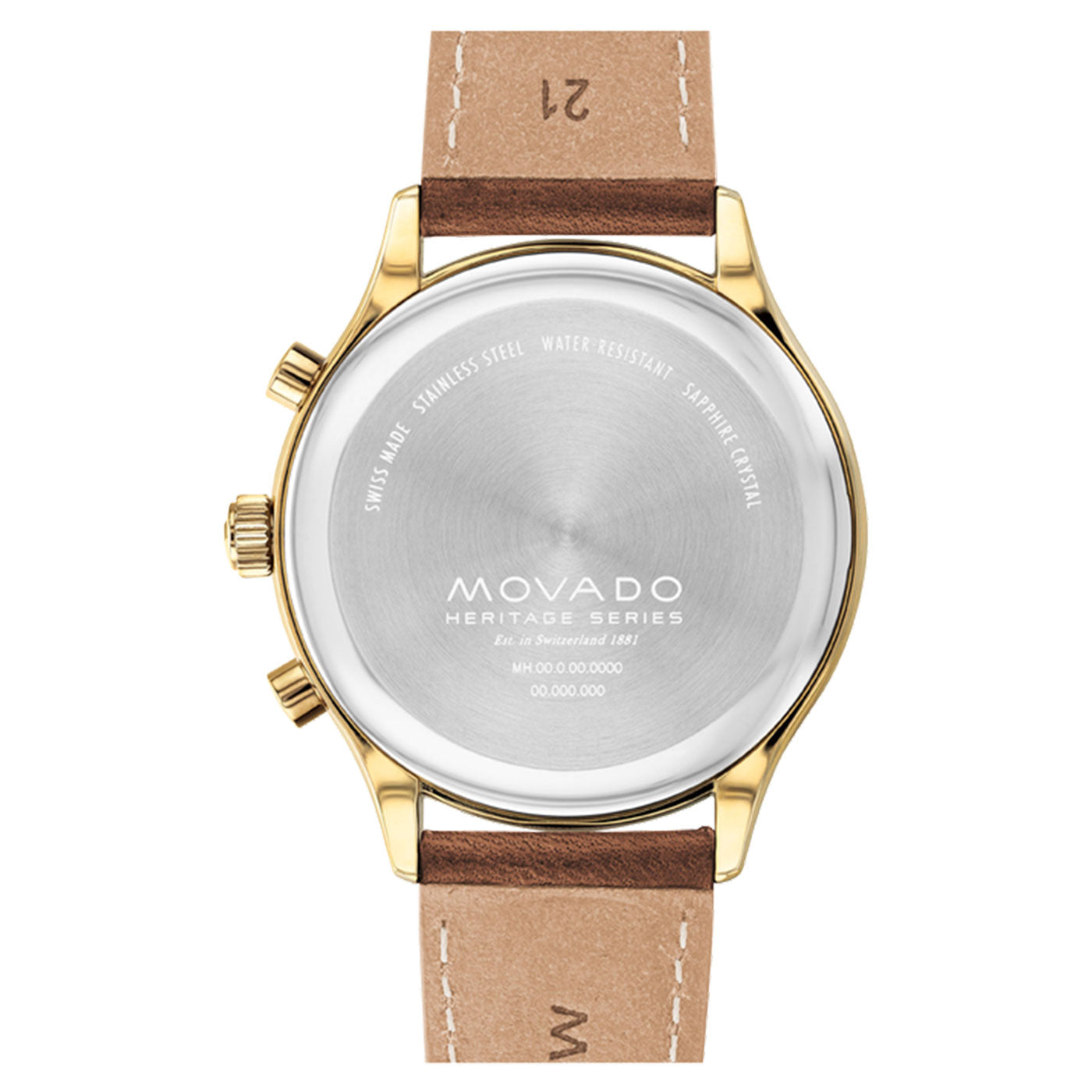 The image features the back of the Movado Heritage Series Calendplan Quartz 43mm Watch. This elegant timepiece showcases a case made of yellow gold ion-plated stainless steel with a silver center, displaying details such as "Swiss Made" and "Water Resistant." It is elegantly paired with a brown leather band accented by visible stitching.