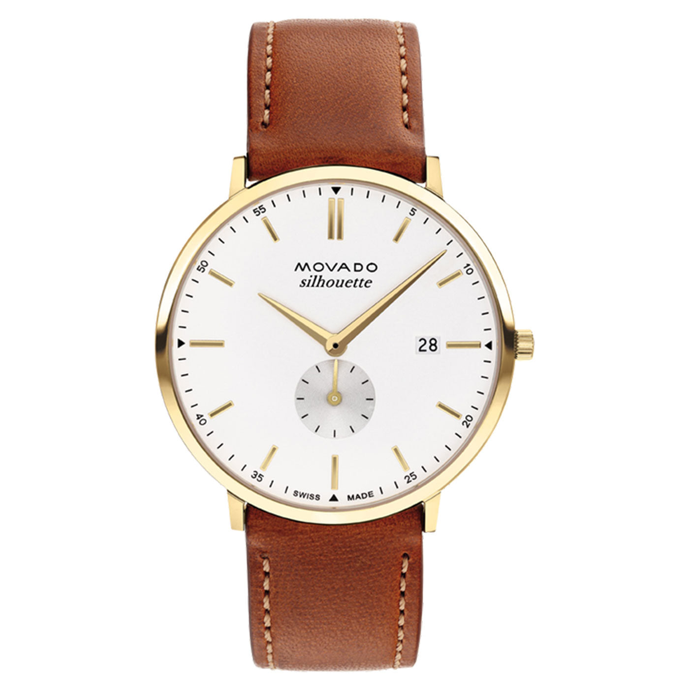 Introducing the Movado Heritage Series Silhouette Quartz 40mm Watch. This vintage timepiece by Movado boasts a white dial with a yellow gold finish case and a brown leather strap. It elegantly displays slim gold hour markers, thin black minute markers, and includes a small date window at the 3 o'clock position for added functionality.