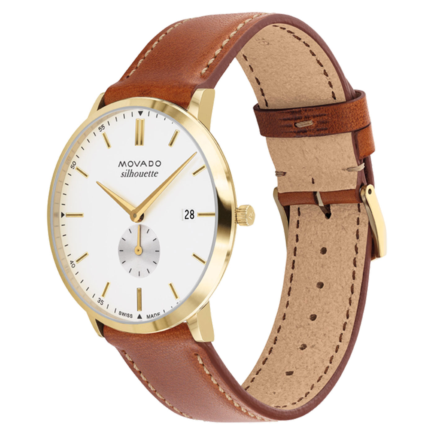 This classic timepiece from the Movado Heritage Series Silhouette Quartz 40mm collection showcases a yellow gold finish and a white dial with a single subdial and date display. The elegant design features the prestigious "Movado" branding on the face, beautifully paired with a brown leather strap and matching gold buckle.