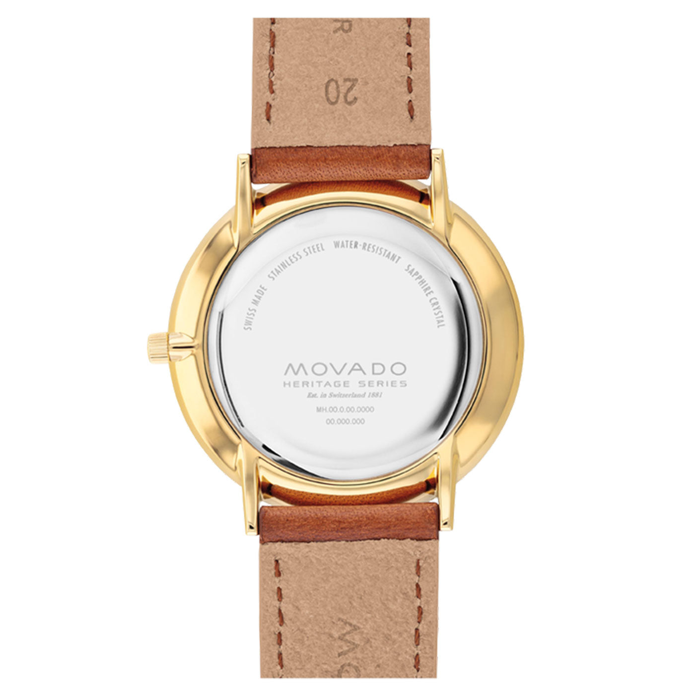 The back view of the Movado Heritage Series Silhouette Quartz 40mm Watch features a round case with a yellow gold finish, a stainless steel back, and water resistance details. The leather strap is also visible, showcasing stitching along the edges and embossed numbers.