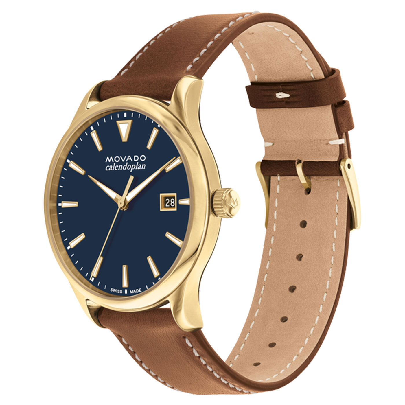 The Movado Heritage Series Calendoplan Solar 40mm Watch exudes mid-century design elegance, featuring a stylish wristwatch with a brown leather strap and gold-tone case. Its dark blue dial displays gold hour markers and hands, adorned with Swiss Super-LumiNova® accents, and includes a date window at 3 o'clock.