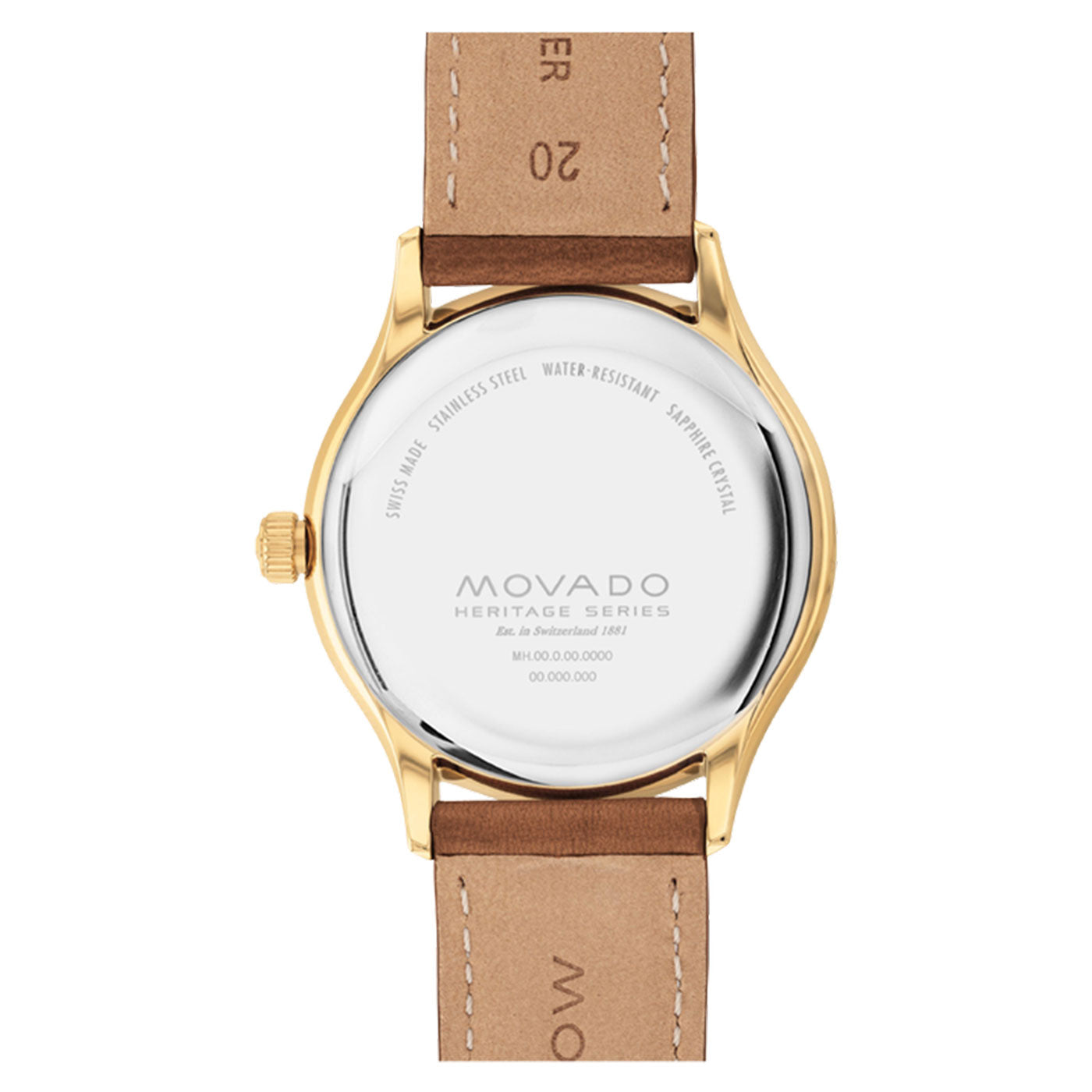 The back of the Movado Heritage Series Calendoplan Solar 40mm Watch is displayed, featuring a gold-tone case and tan leather straps. This timepiece blends mid-century design with modern elegance, highlighting its Swiss Super-LumiNova®, stainless steel construction, and water resistance.