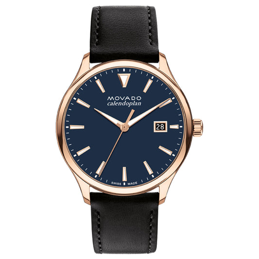 The Movado Heritage Series Calendoplan Quartz 40mm Watch by Movado features a rose gold case, a black dial with white hour markers enhanced with Swiss Super-LumiNova®, and a date display located at the 3 o'clock position. This timepiece is designed with a black leather strap and embodies a simple, elegant aesthetic.