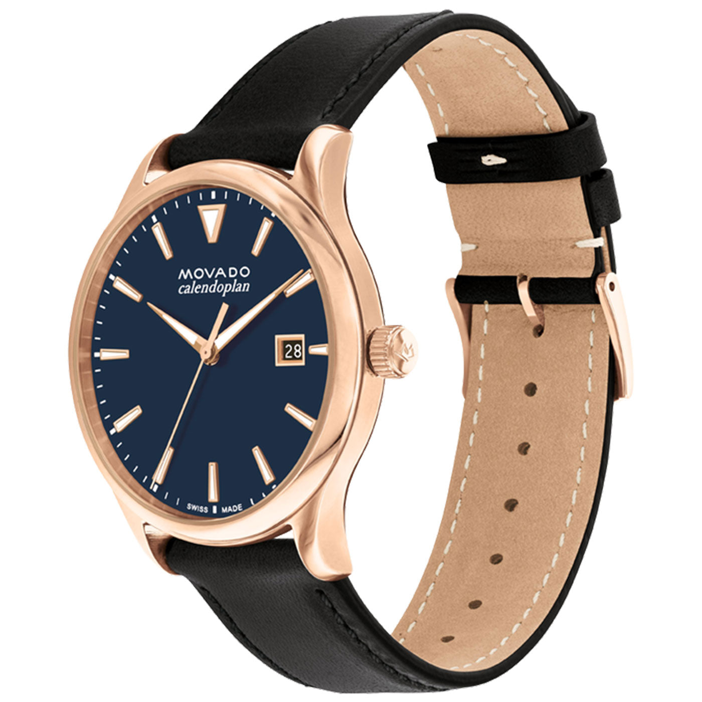 Introducing the Movado Heritage Series Calendoplan Quartz 40mm Watch, a sophisticated timepiece by Movado. It showcases a rose gold ion-plated case and a dark blue dial adorned with Swiss Super-LumiNova hour markers. The watch also features a date display at 3 o'clock and is complemented by a black leather strap with a coordinating rose gold buckle.