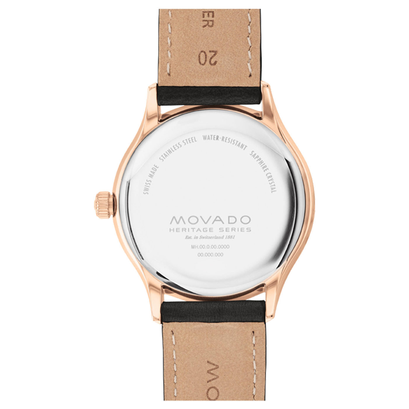 The image showcases the rear view of the Movado Heritage Series Calendoplan Quartz 40mm Watch by Movado, highlighted by its rose gold ion-plated case and light brown leather strap. The back is inscribed with watch specifications, featuring Swiss Super-LumiNova for enhanced visibility, water resistance, and stainless steel components.