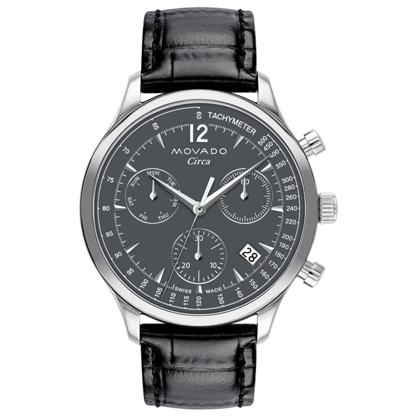 The Movado Heritage Series Circa Quartz 43mm Watch is a silver stainless steel smartwatch with a black leather strap and features a black dial showcasing multiple dials, a tachymeter scale, and a date window. The text on the dial reads "MOVADO Circa." This chronograph timepiece includes three buttons on the right side.