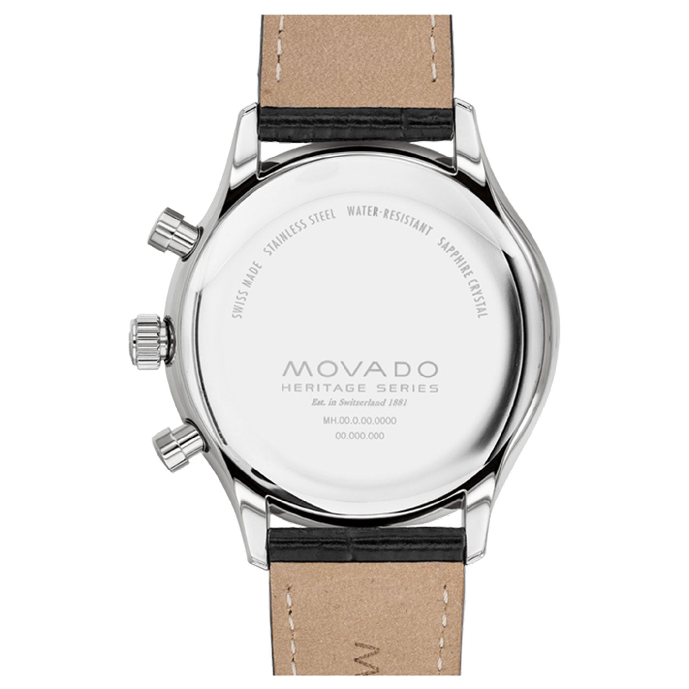 The image depicts the back of a Movado Heritage Series Circa Quartz 43mm watch by Movado. This watch features a stainless steel case, side buttons, and a beige leather strap. The engraved text reveals that it is Swiss-made, water-resistant, and equipped with a sapphire crystal.