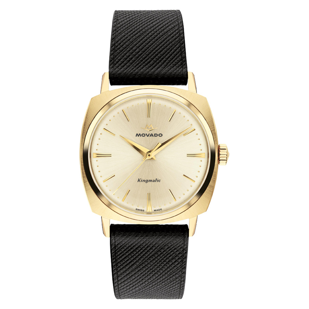 Gold-tone Movado Heritage Kingmatic Automatic 35mm Watch with a champagne dial and a black textured leather strap.