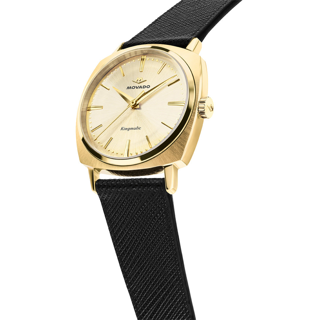 Movado Heritage Kingmatic Automatic 35mm Watch in gold-tone with a champagne sunray dial and a black textured leather strap.