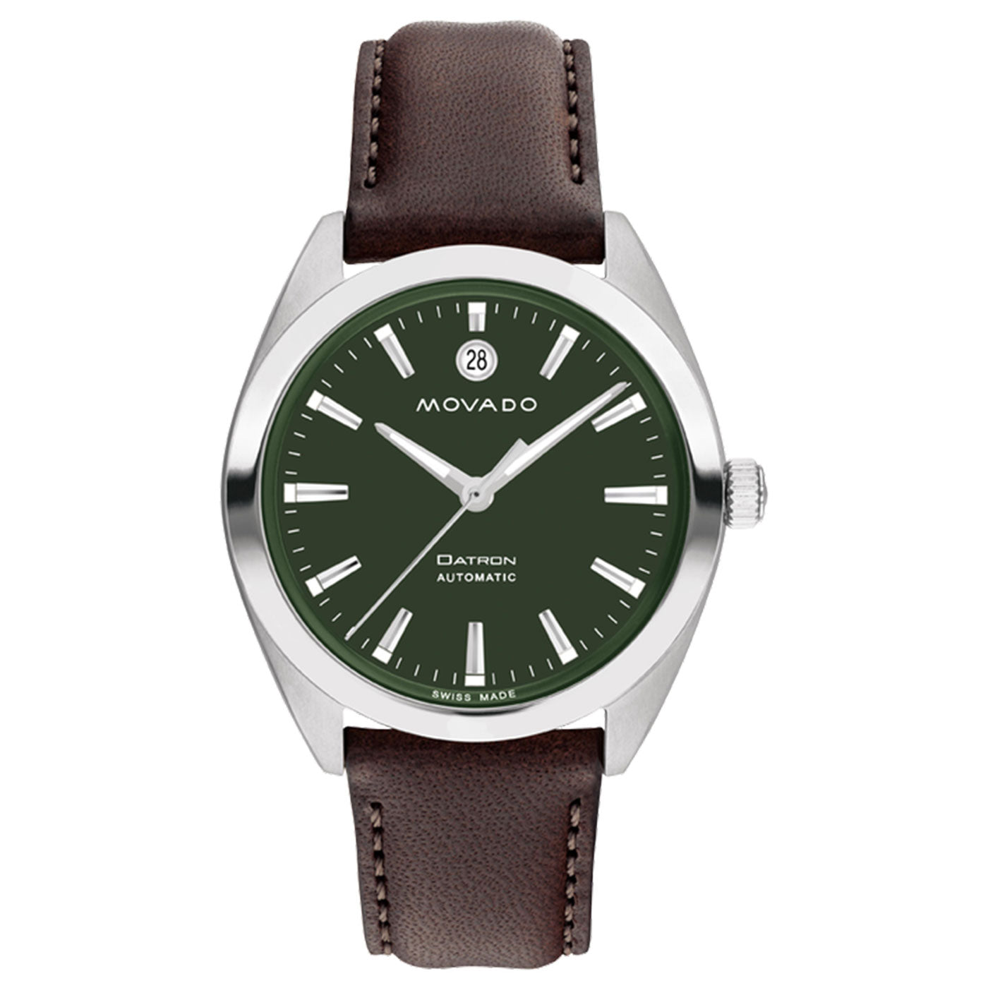 The Movado Heritage Series Datron Automatic 40mm Watch features a green dial with silver hour markers, a date window at the 12 o'clock position, and comes with a stainless steel case and a brown leather strap.