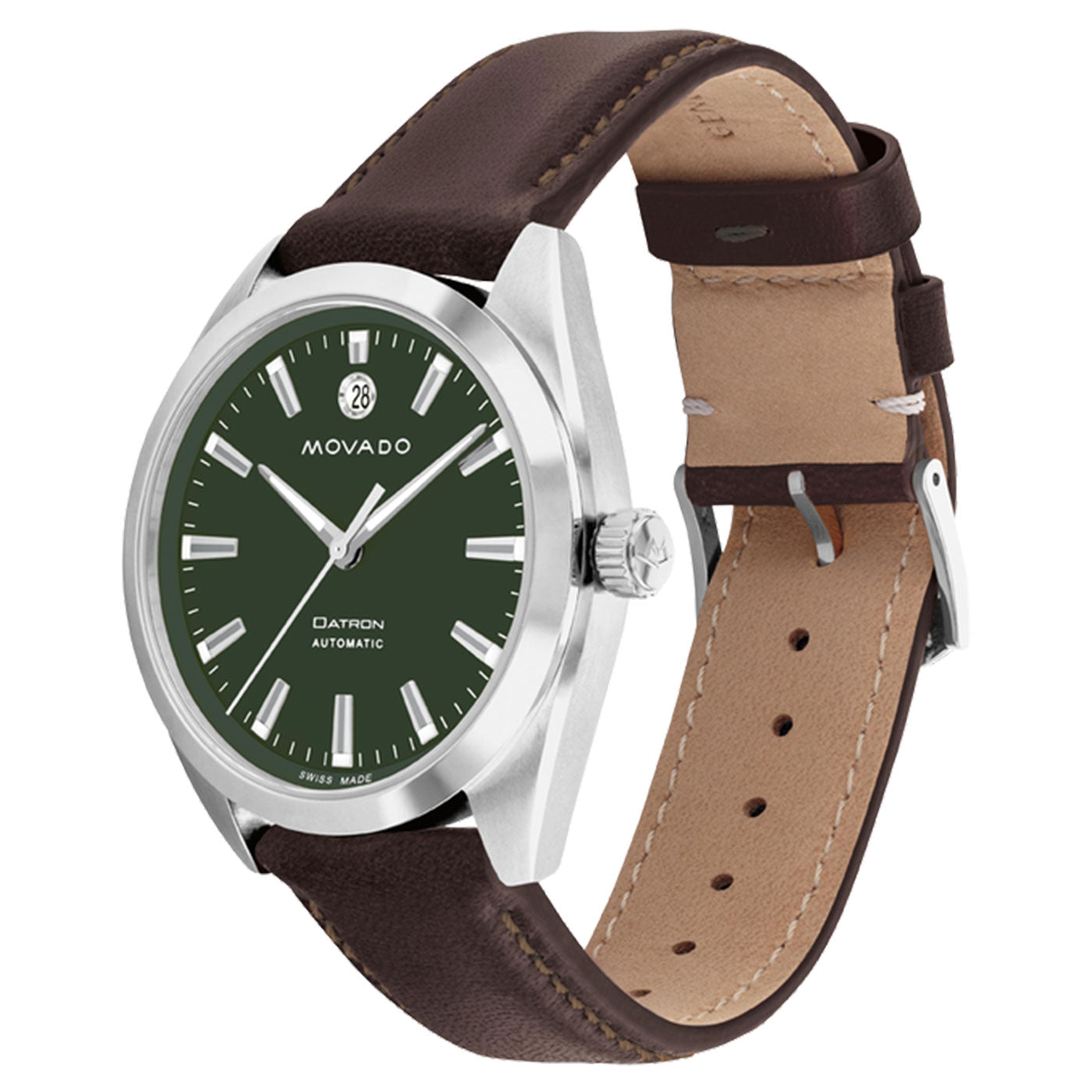 The Movado Heritage Series Datron Automatic 40mm Watch showcases an automatic movement and features a striking green dial adorned with silver markers, along with a date display at the 12 o'clock position. Its design includes a sleek stainless steel case and is elegantly complemented by a brown leather strap.