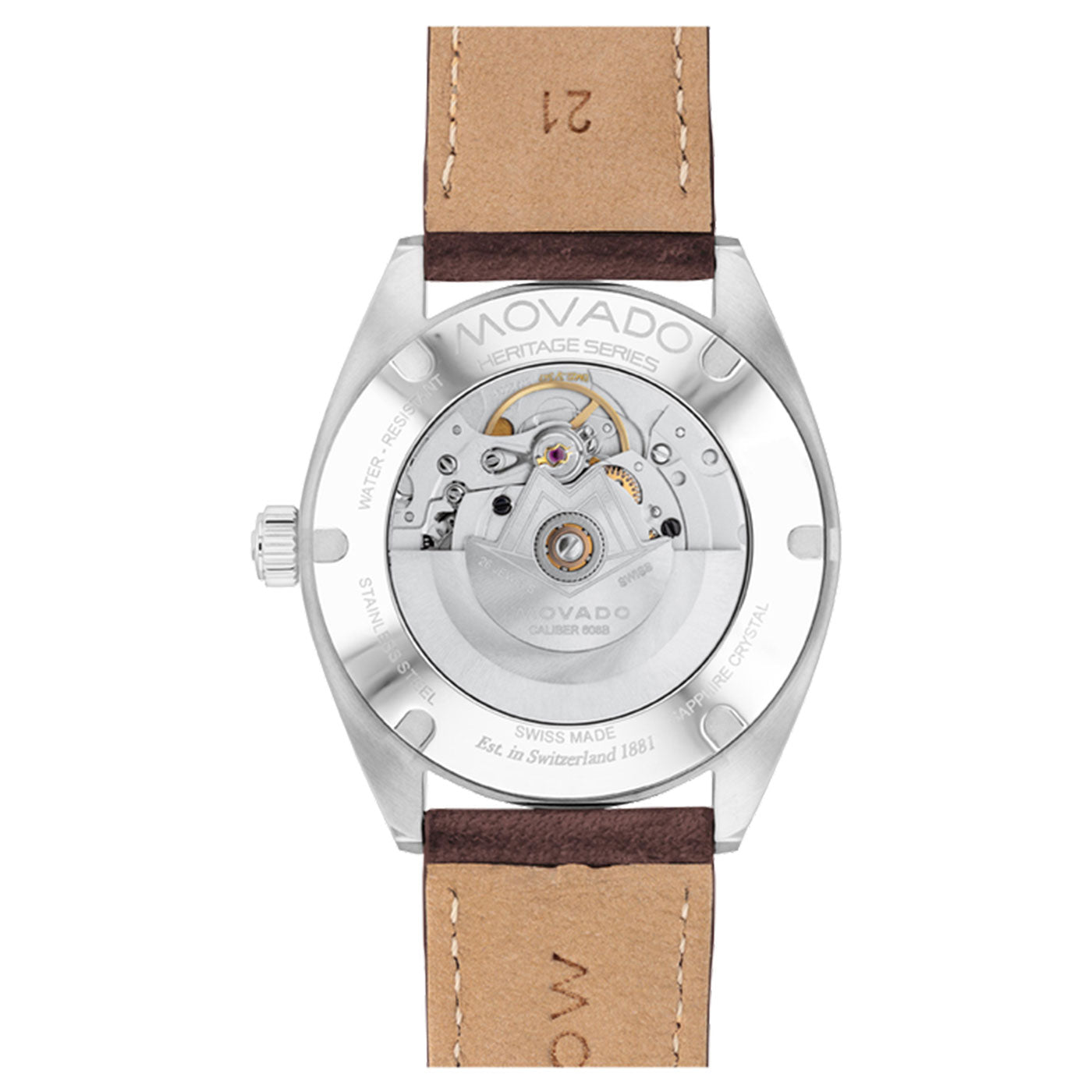 The detailed view of the Movado Heritage Series Datron Automatic 40mm Watch showcases its complex automatic movement through a transparent case-back. It boasts a stainless steel casing paired with a brown leather strap for an elegant appearance.