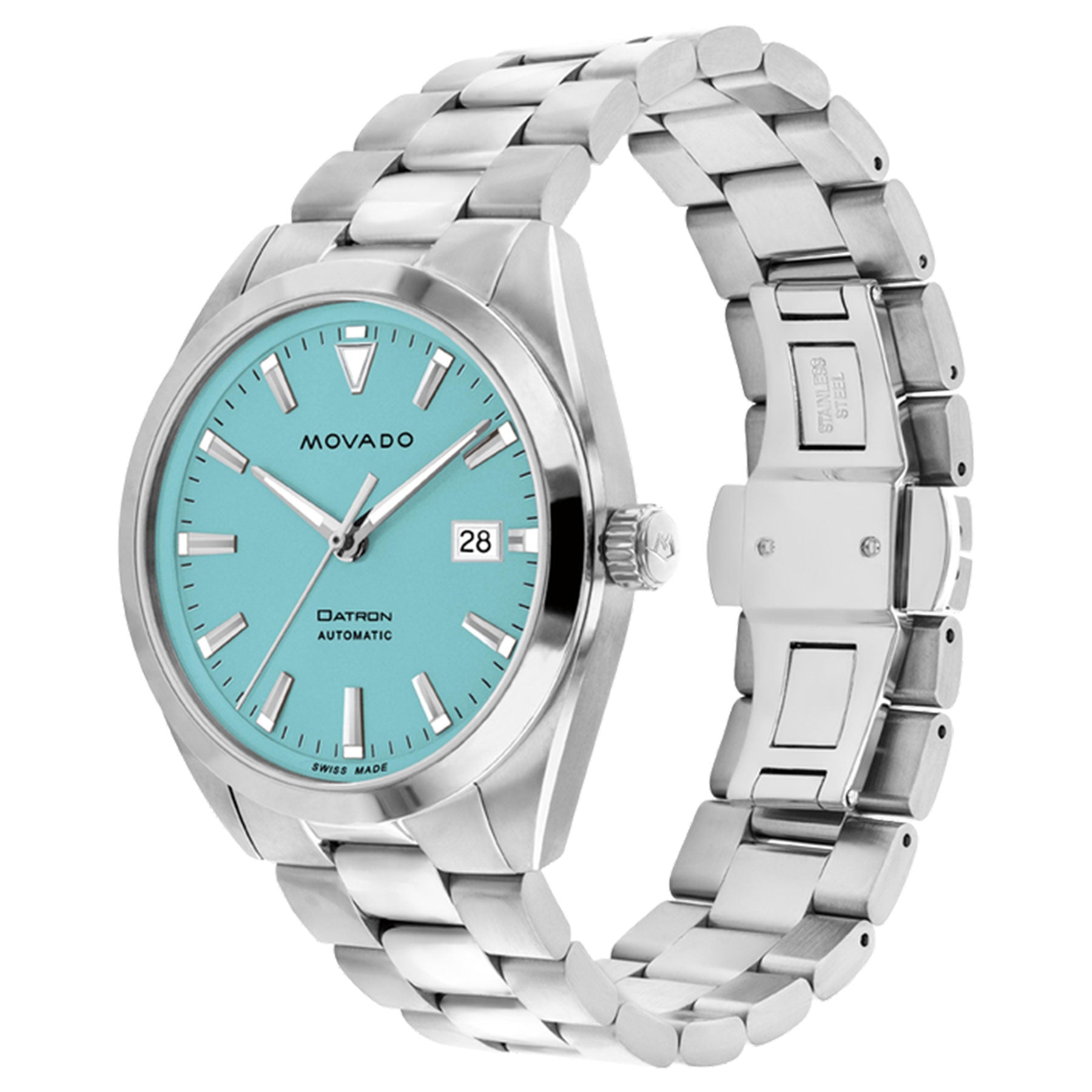 The Movado BOLD Heritage Series Datron Automatic 40mm Watch showcases a retro-cool design with its Swiss-made automatic movement. This timepiece features a stainless steel bracelet and a turquoise dial with silver hour markers and hands, displaying the date at 3 o'clock, all enhanced by a sleek, polished finish.