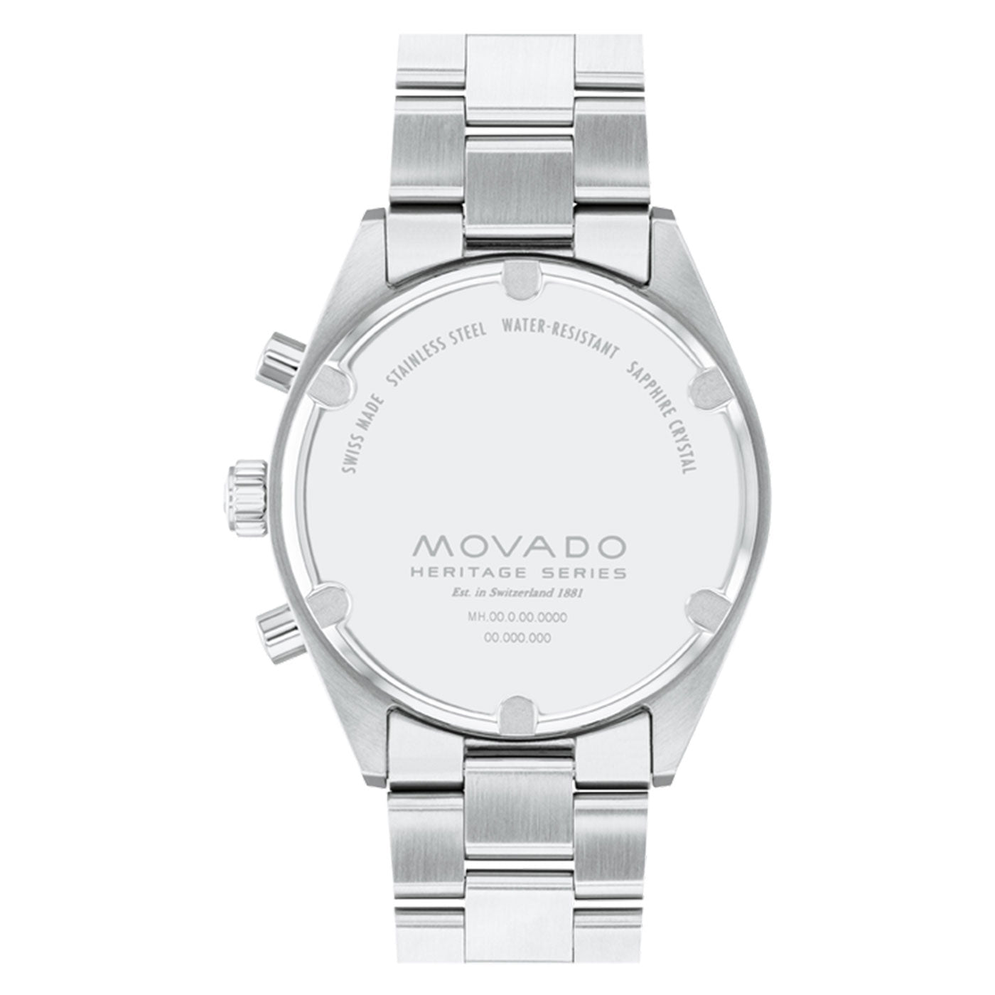 The Movado Heritage Series Datron Quartz 43mm Watch boasts a stainless steel bracelet and a silver finish, featuring back case details including "Swiss Made," "Water-Resistant," and "Sapphire Crystal," along with model numbers and branding. This exquisite piece is part of the Movado Datron Collection.