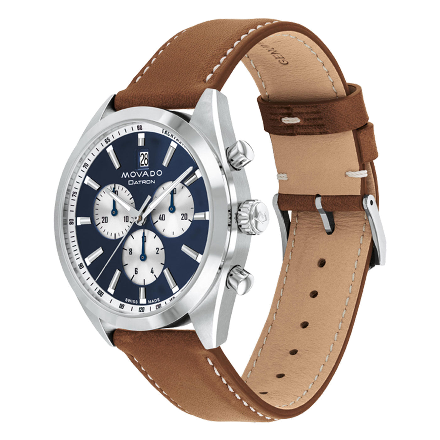 The Movado Heritage Series Datron Quartz 41mm Watch, by Movado, features a silver and black chronograph design with a brown leather strap. It boasts a stainless steel case, black dial with silver subdials, date display at the 12 o'clock position, and two side buttons.