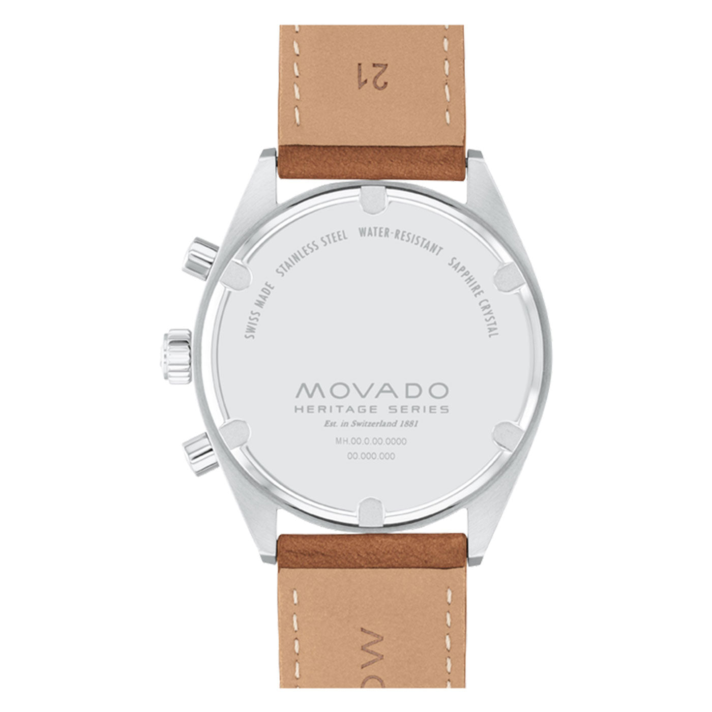 The image shows the back of a Movado Heritage Series Datron Quartz 41mm Watch, highlighting its silver case and sophisticated brown leather strap. Engraved text confirms it is Swiss made, water-resistant, and crafted with stainless steel and sapphire crystal. The strap prominently displays the number 21.