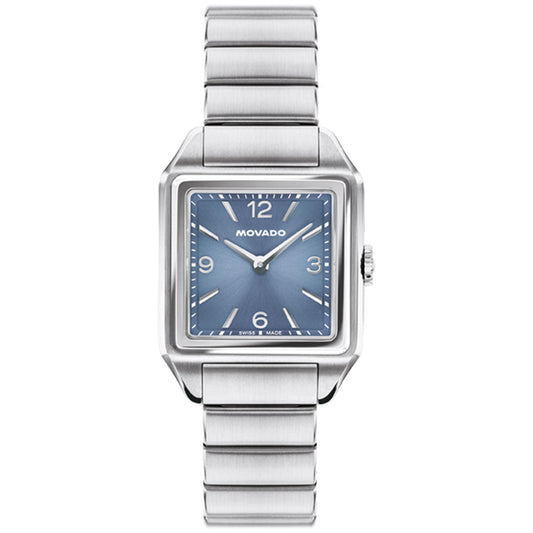 A Movado Heritage 1917 Quartz 25mm x 34.10mm watch with a square stainless steel case, blue face, silver hour markers, and metal link band. This Art Deco-style timepiece displays the time as 1:52.
