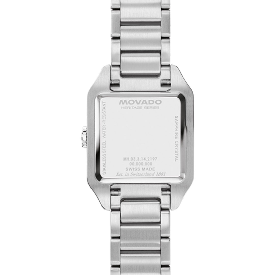 Close-up of the back of the Movado Heritage 1917 Quartz 25mm x 34.10mm watch, featuring engraved details like water resistance, sapphire crystal, serial number, and "Swiss Made.