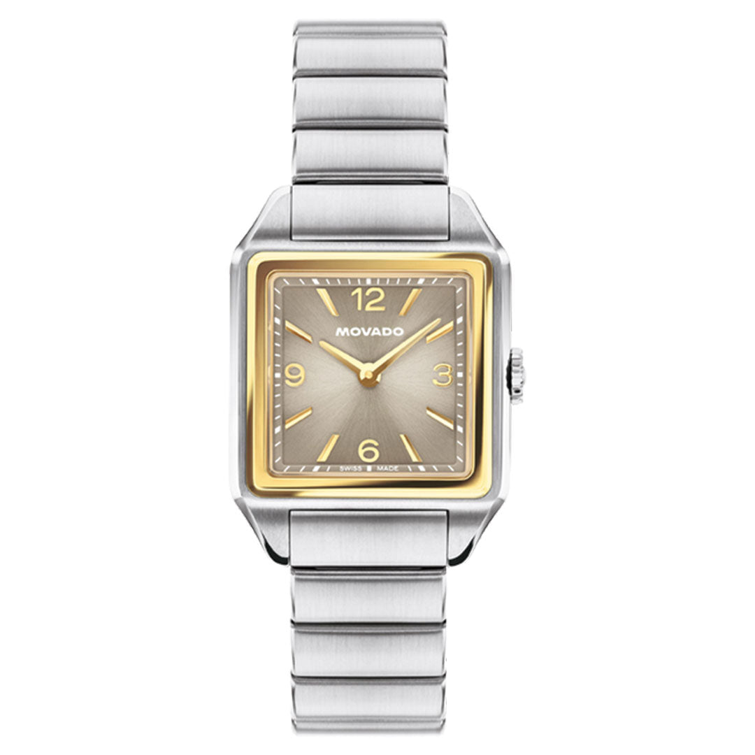 The Movado Heritage 1917 Quartz 25mm x 34.10mm watch features a square stainless steel case, gold bezel, and metallic band, with gold hands and markers at 12, 3, 6, and 9 on a silver Art Deco dial.