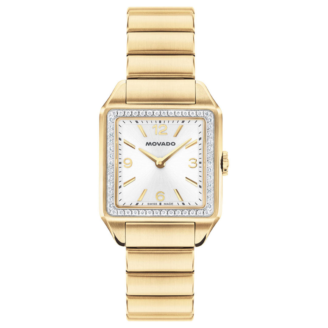 The Movado Heritage 1917 Quartz 25mm x 34.10mm watch showcases a square gold-tone case with a lab-grown diamond bezel, a white dial, and gold hour markers, all complemented by a matching gold metal band.