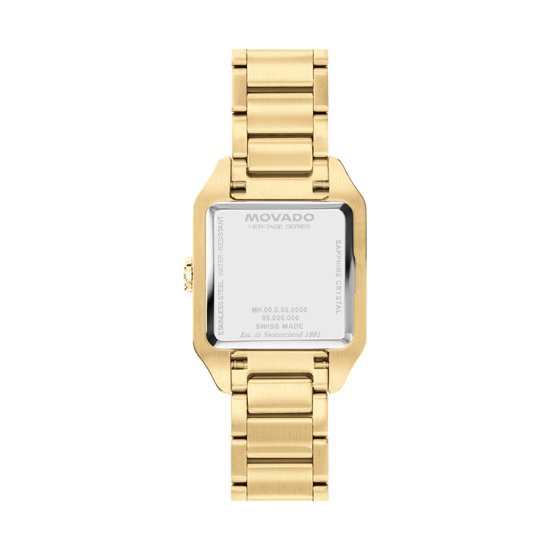 A gold-toned rectangular wristwatch with a metal link band, shown from the back. Inspired by the Movado Heritage 1917 collection, the back case of the Movado Heritage 1917 Quartz 25mm x 34.10mm Watch is engraved with “MOVADO” and other details, reflecting the refined elegance of an Art Deco timepiece.