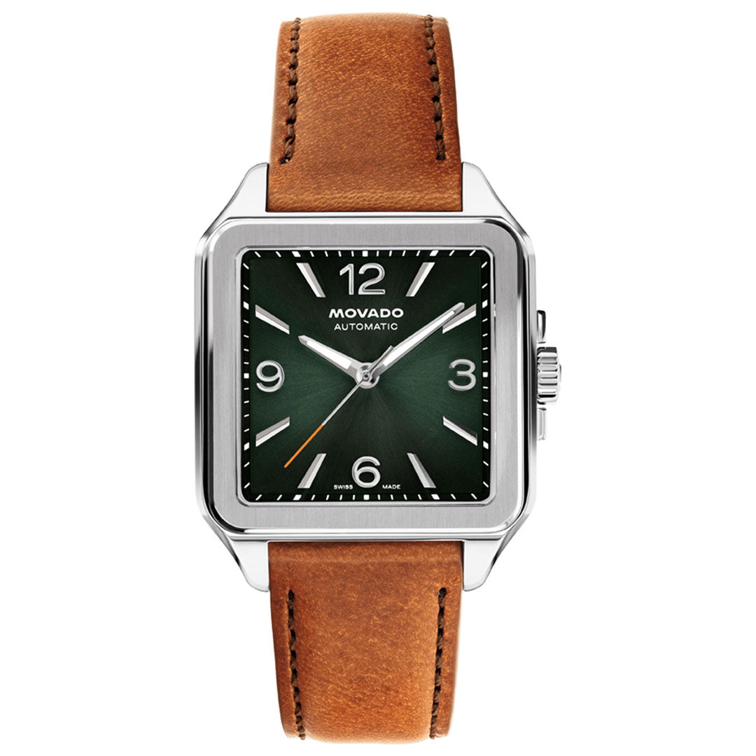 The Movado Heritage 1917 Automatic 44.6mm x 35mm watch by Movado features a square case, a green dial with silver hour markers, and a brown leather strap. Labeled “MOVADO AUTOMATIC,” this Swiss made automatic timepiece showcases an eye-catching Art Deco design and is finished with a silver crown on the right side.
