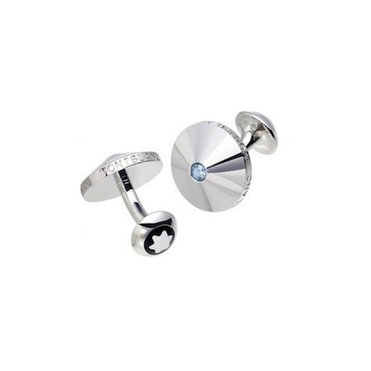 Close-up of two Montblanc Sterling Silver Cufflinks featuring a round, polished finish. One cufflink showcases a central blue gemstone, while the other highlights a black emblem with a white star. The sides are elegantly engraved with text.