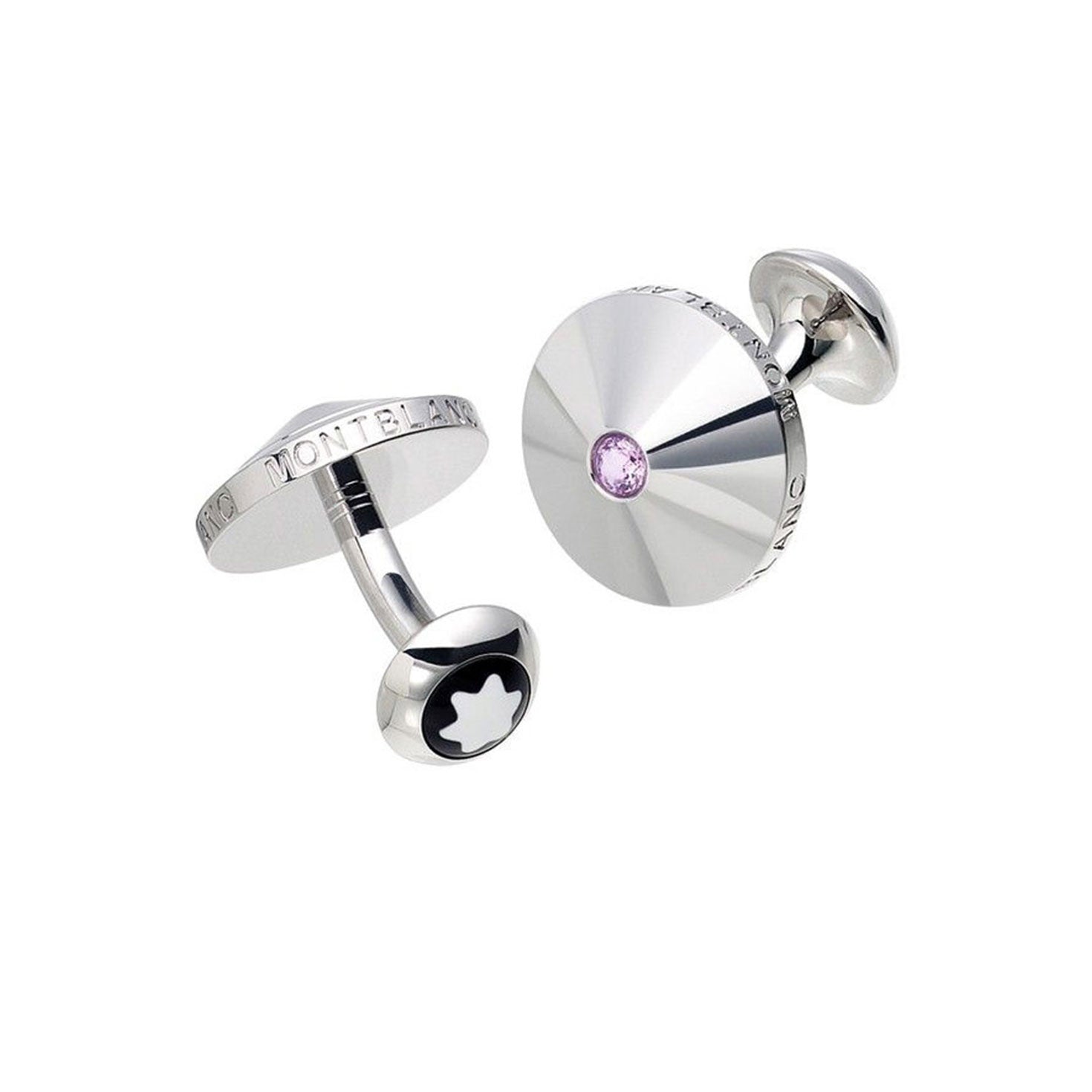 A pair of Montblanc Sterling Silver Cufflinks with a circular polished face, adorned with a small purple gemstone at its center. The side gleams with elegance, and the back showcases a striking black and white star emblem.