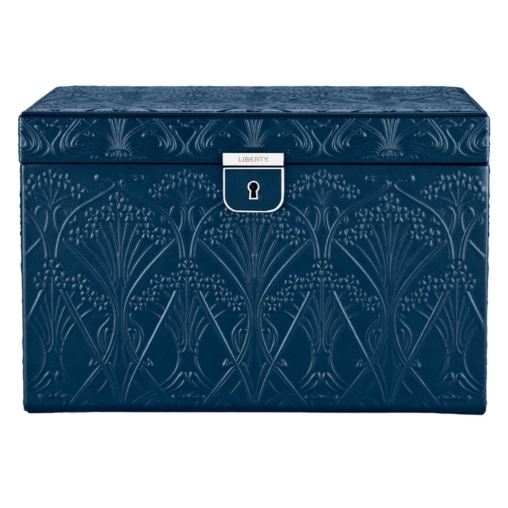 Introducing the WOLF 1834 X Liberty All Over Ianthe Large Jewellery Box in Navy—a beautifully crafted piece featuring intricate floral embossing, a silver-toned clasp engraved with “LIBERTY,” and a central keyhole. Designed by WOLF, this elegant jewellery box not only adds sophistication to your collection but also offers superior tarnish prevention, ensuring your treasures remain safe and radiant.