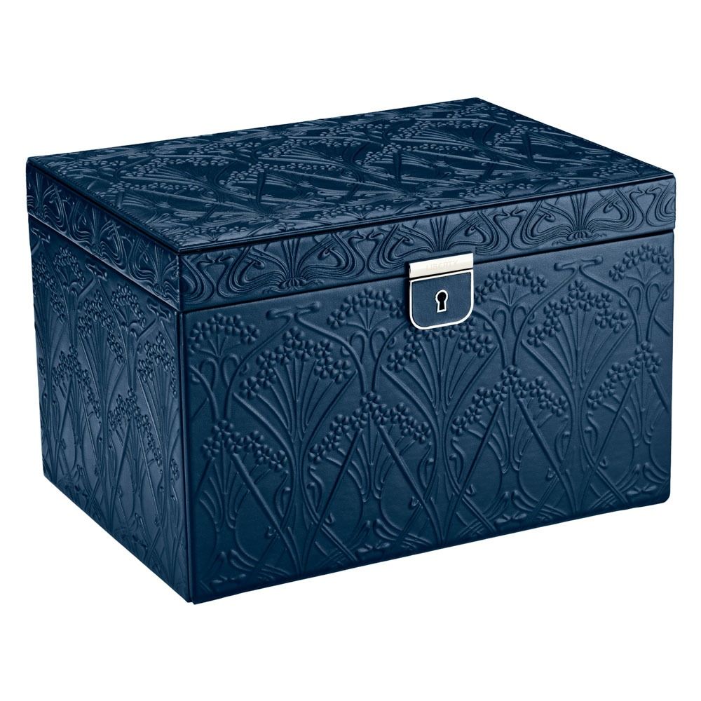 The WOLF 1834 X Liberty All Over Ianthe Large Jewellery Box Navy is a dark blue, rectangular case adorned with an embossed floral pattern, featuring a silver front latch and an interior crafted by WOLF to prevent tarnish.