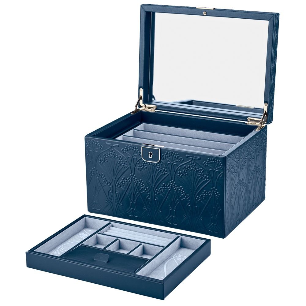The WOLF 1834 X Liberty All Over Ianthe Large Jewellery Box Navy features an elegant floral embossed design with diamond quilted leather in a rich navy hue. The hinged lid opens to reveal a convenient mirror, while a removable multi-compartment tray sits at the front, providing organized storage and tarnish protection for your valuables.
