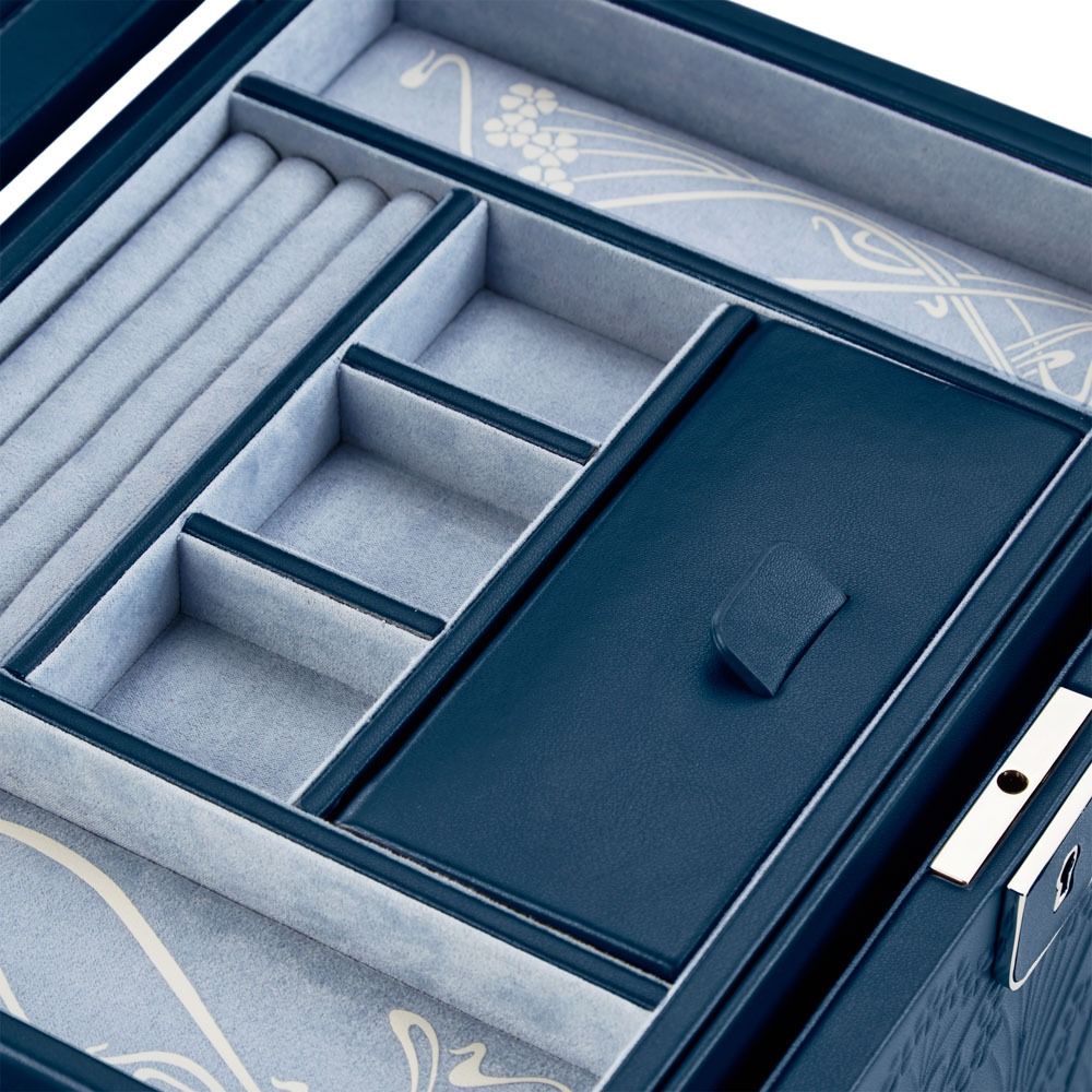 Introducing the WOLF 1834 X Liberty All Over Ianthe Large Jewellery Box in Navy. This elegant jewellery case by WOLF features multiple compartments and a soft, light gray velvet interior, thoughtfully designed for rings, small items, and larger accessories. The fabric lining showcases a decorative Ianthe pattern and offers tarnish-prevention properties to keep your treasures protected.