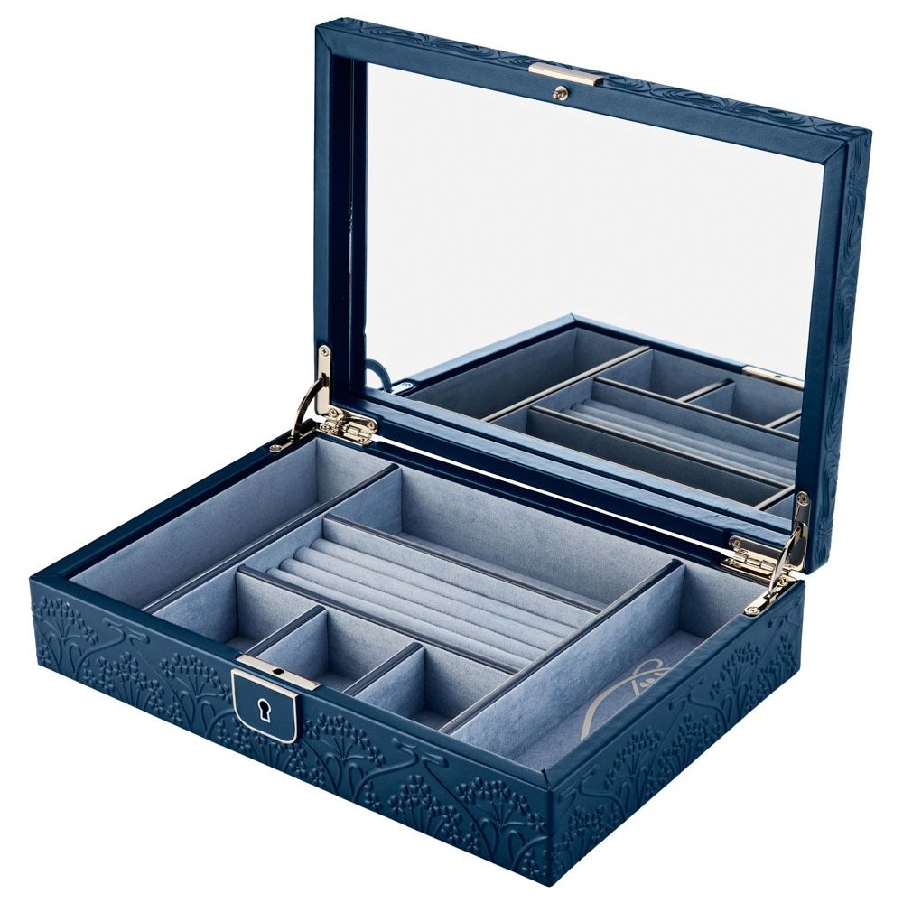 Introducing the WOLF 1834 X Liberty All Over Ianthe Medium Jewellery Box in Navy—crafted by WOLF from lizard-embossed leather and embellished with decorative floral Ianthe patterns. This elegant jewellery box features a glass lid, multiple compartments, a dedicated ring holder, and an interior lined with soft light gray LusterLoc material to protect your treasured pieces.