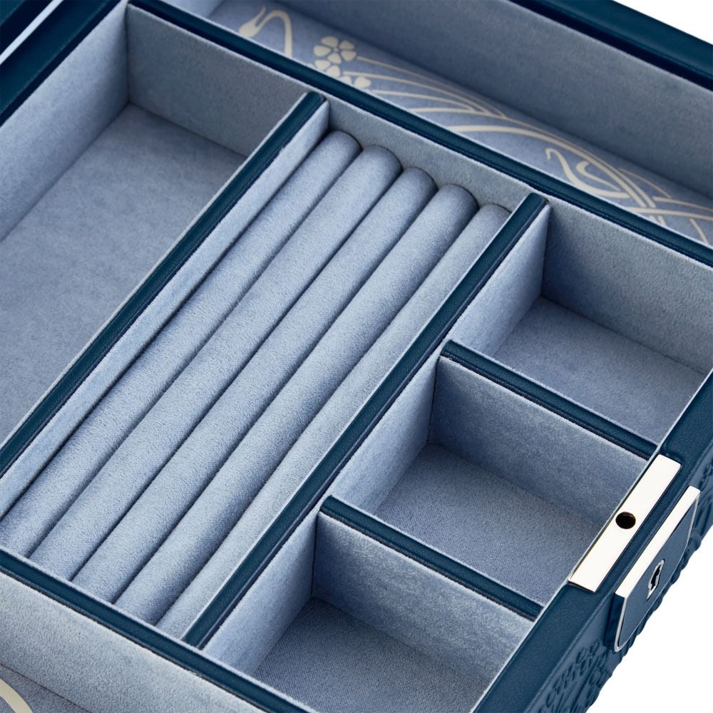 A close-up of the WOLF 1834 X Liberty All Over Ianthe Medium Jewellery Box in Navy, crafted by WOLF from lizard-embossed leather and featuring multiple velvet-lined compartments and ring rolls, designed to organize rings, earrings, and other small accessories.