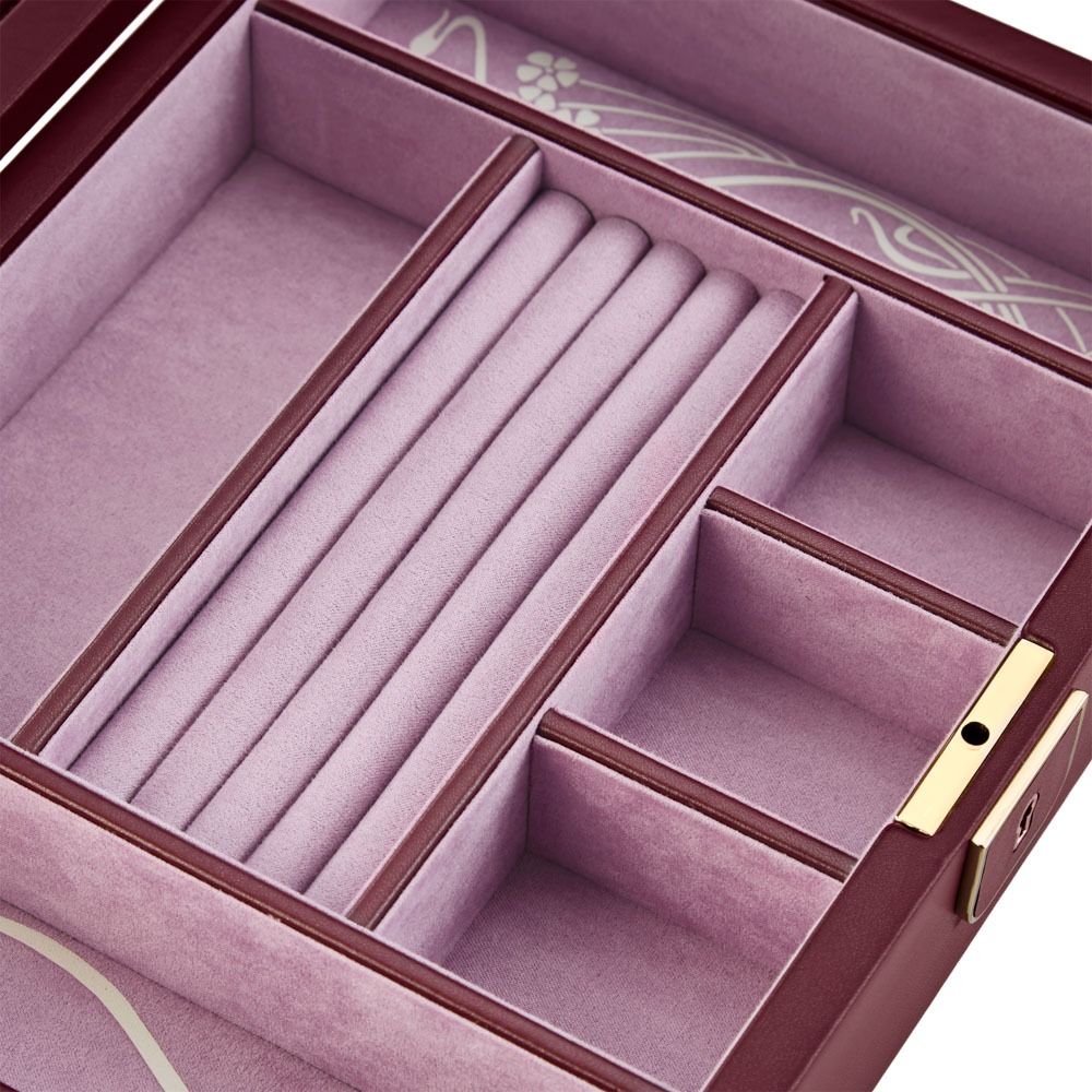Discover the WOLF 1834 X Liberty All Over Ianthe Medium Jewellery Box in Burgundy, featuring a lizard-embossed leather exterior, a gold clasp, and a soft light purple velvet interior with multiple compartments for rings and accessories—an elegant jewellery box from WOLF designed for anti-tarnish jewelry storage.
