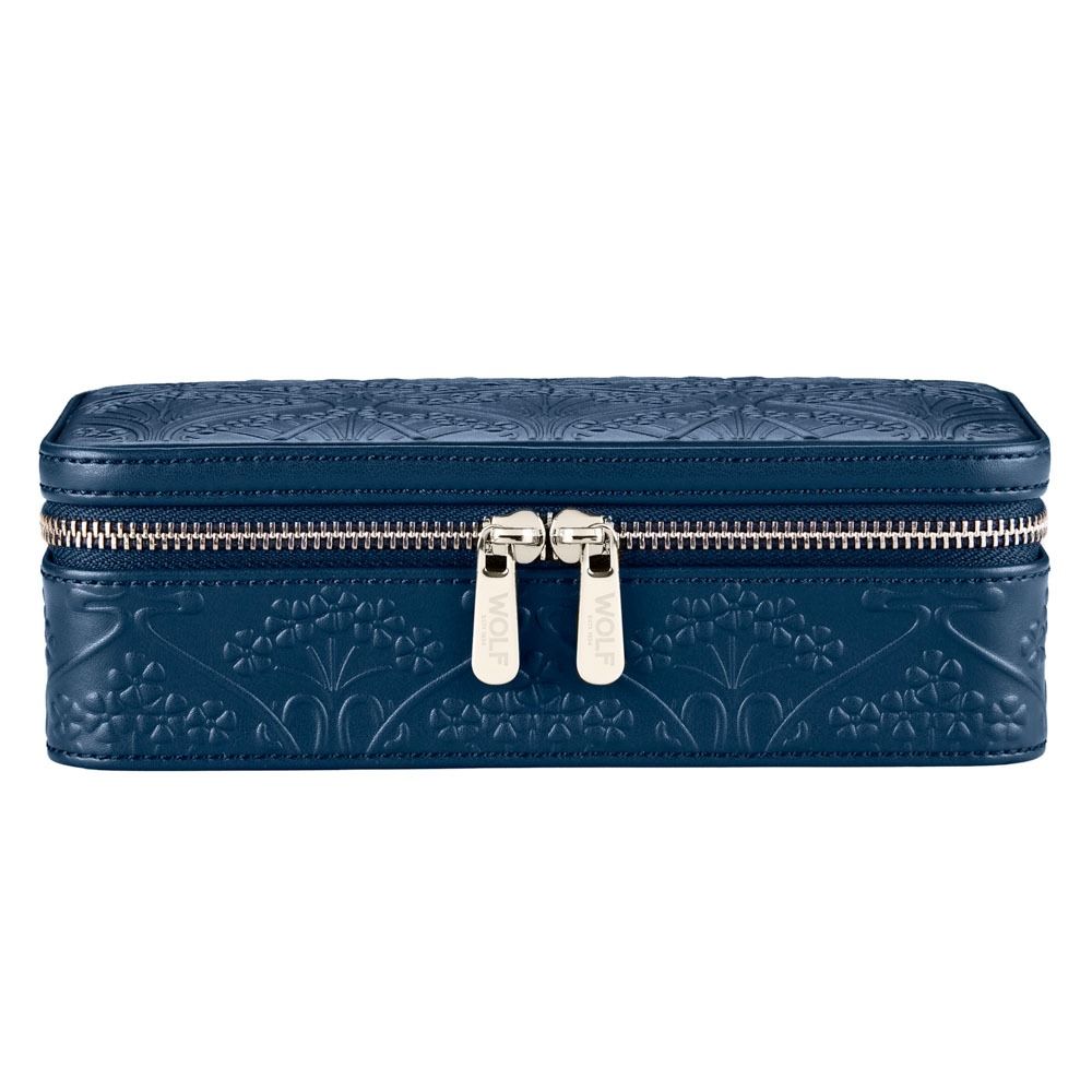 The WOLF 1834 X Liberty All Over Ianthe Medium Jewellery Zip Case in navy features a rectangular embossed leather design with a silver dual zipper on the front and a decorative pattern across its surface, stylishly protecting your accessories on the go.