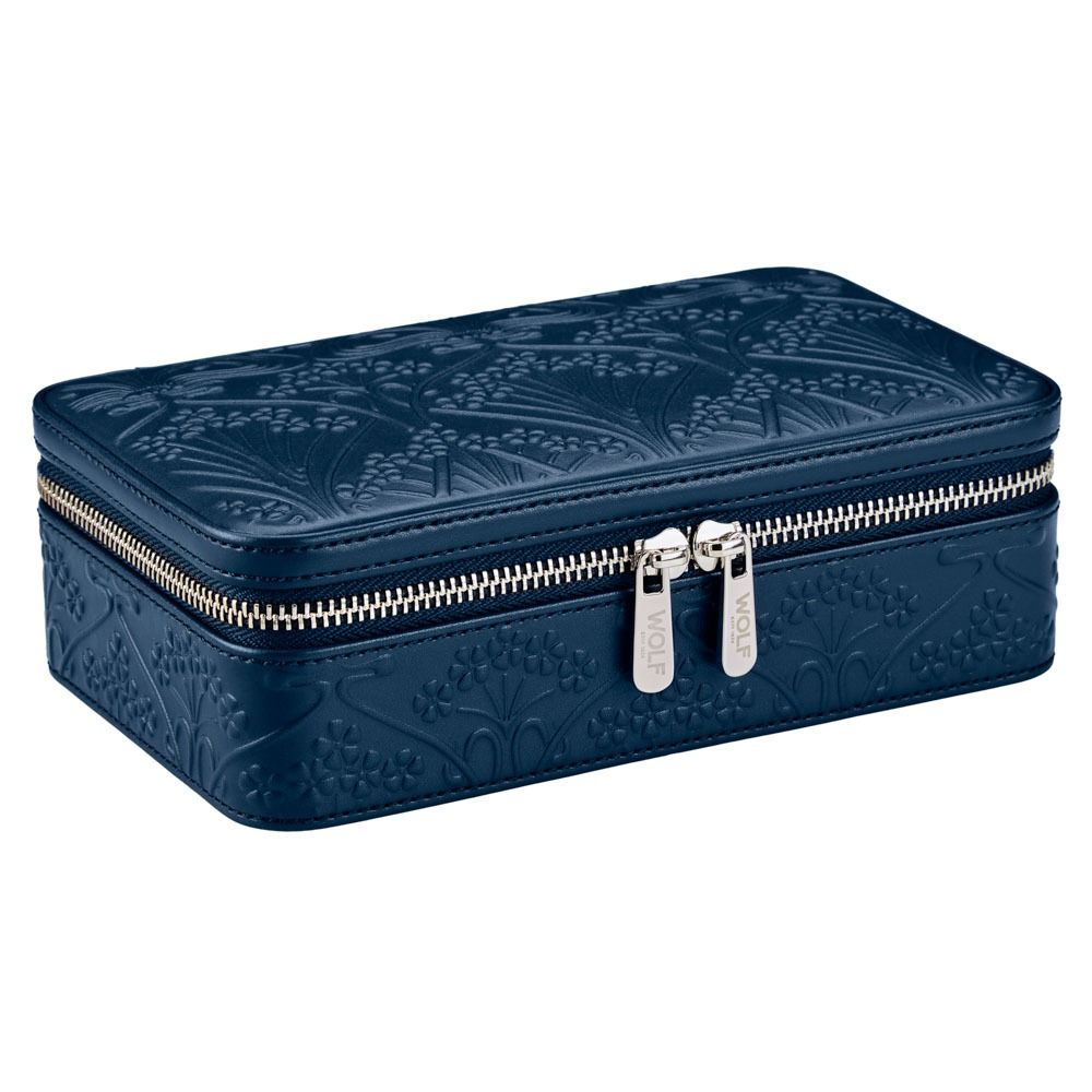 Introducing the WOLF 1834 X Liberty All Over Ianthe Medium Jewellery Zip Case in Navy—a rectangular leather travel jewelry organizer by WOLF, featuring an elegant navy blue finish with a Liberty floral embossed pattern, silver zipper with dual pulls, designed to keep your treasures secure and stylish wherever you go.