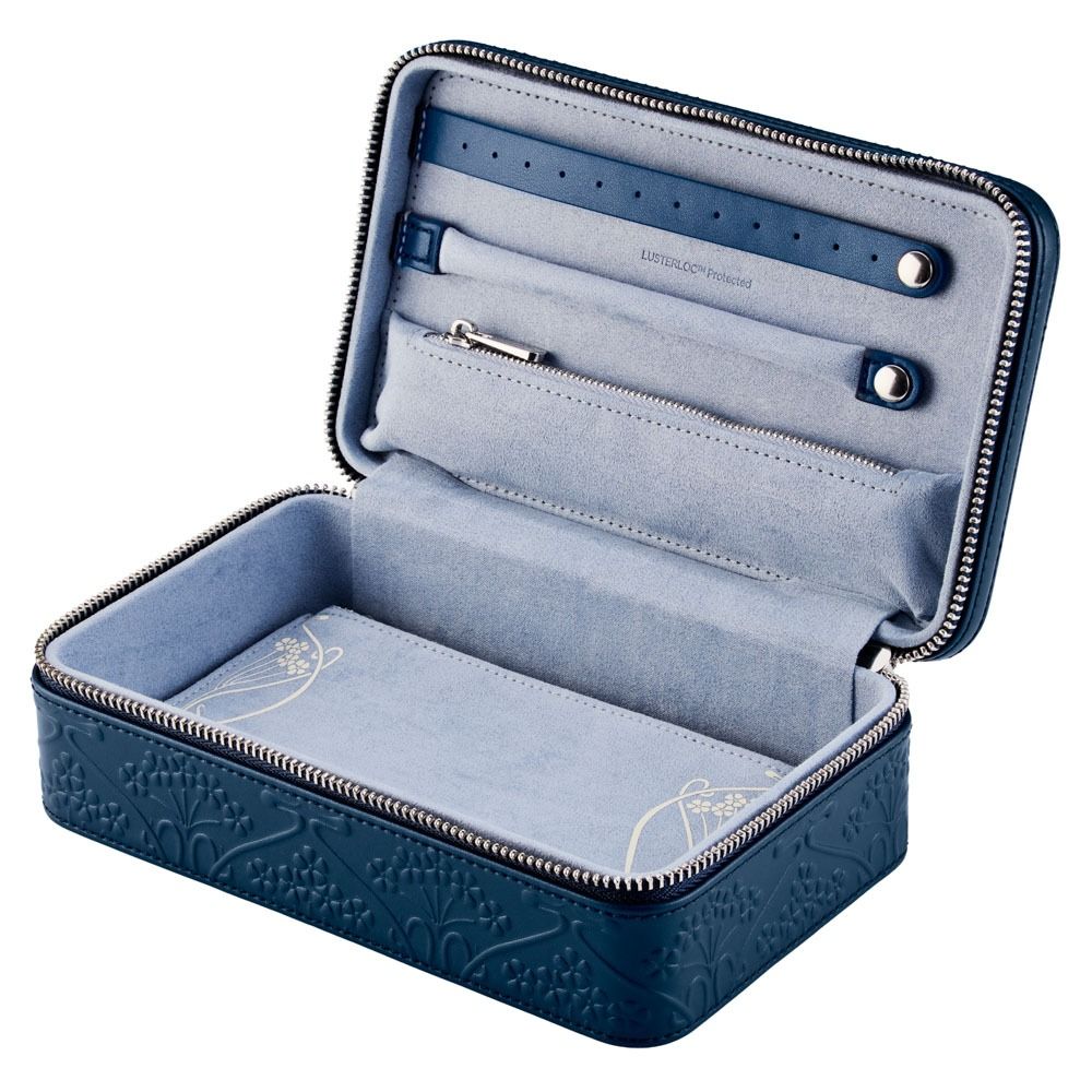 The WOLF 1834 X Liberty All Over Ianthe Medium Jewellery Zip Case Navy is a blue embossed leather jewelry organizer with a zipper, opening to reveal a soft gray interior equipped with compartments, straps, and a small zippered pocket for organizing jewelry—an ideal anti-tarnish jewelry box from WOLF for travel or everyday use.