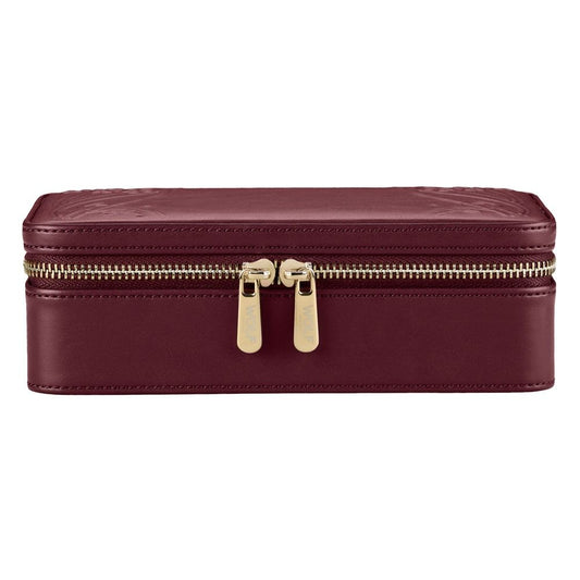 Here is the sentence rewritten using the given product data: A WOLF 1834 X Liberty All Over Ianthe Medium Jewellery Zip Case in burgundy, featuring a rectangular maroon leather design with gold double zippers, viewed from the front against a white background.